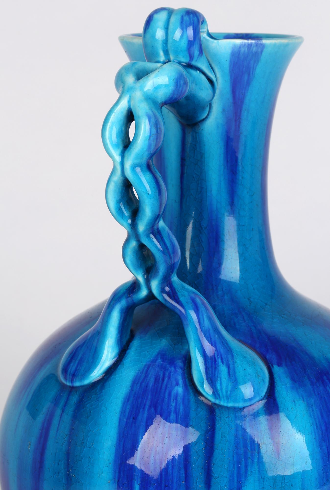 Minton Aesthetic Movement Blue & Turquoise Glazed Handled Art Pottery Vase 4