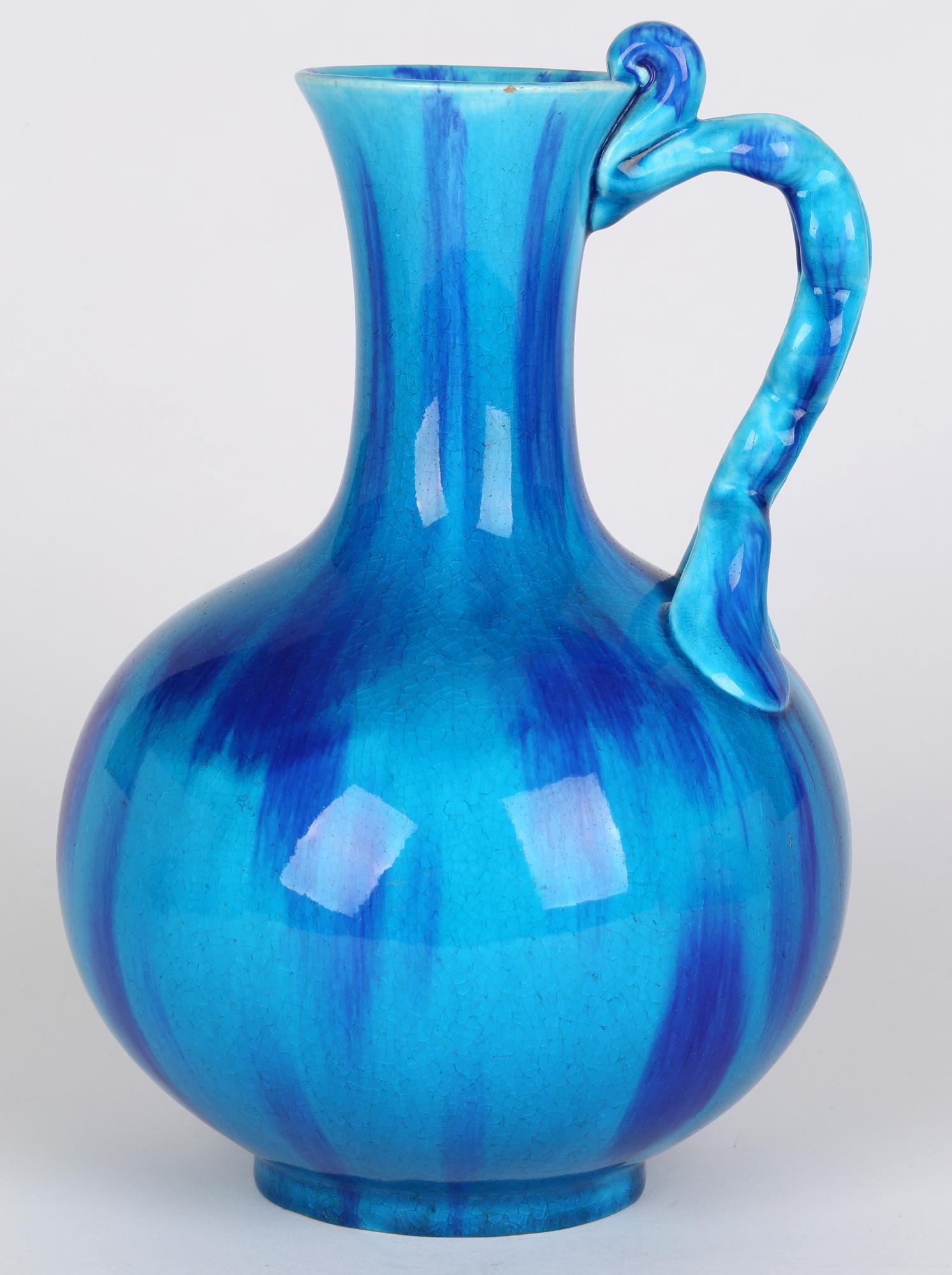 English Minton Aesthetic Movement Blue & Turquoise Glazed Handled Art Pottery Vase
