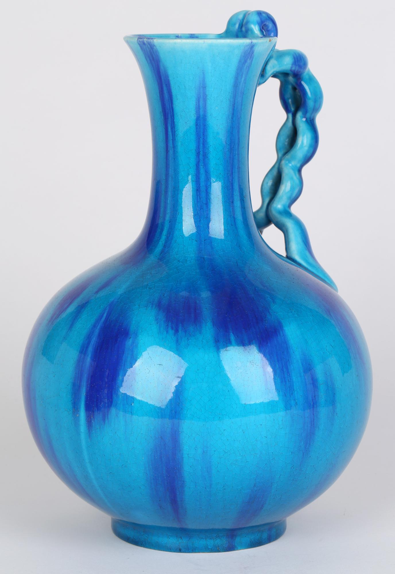 Late 19th Century Minton Aesthetic Movement Blue & Turquoise Glazed Handled Art Pottery Vase