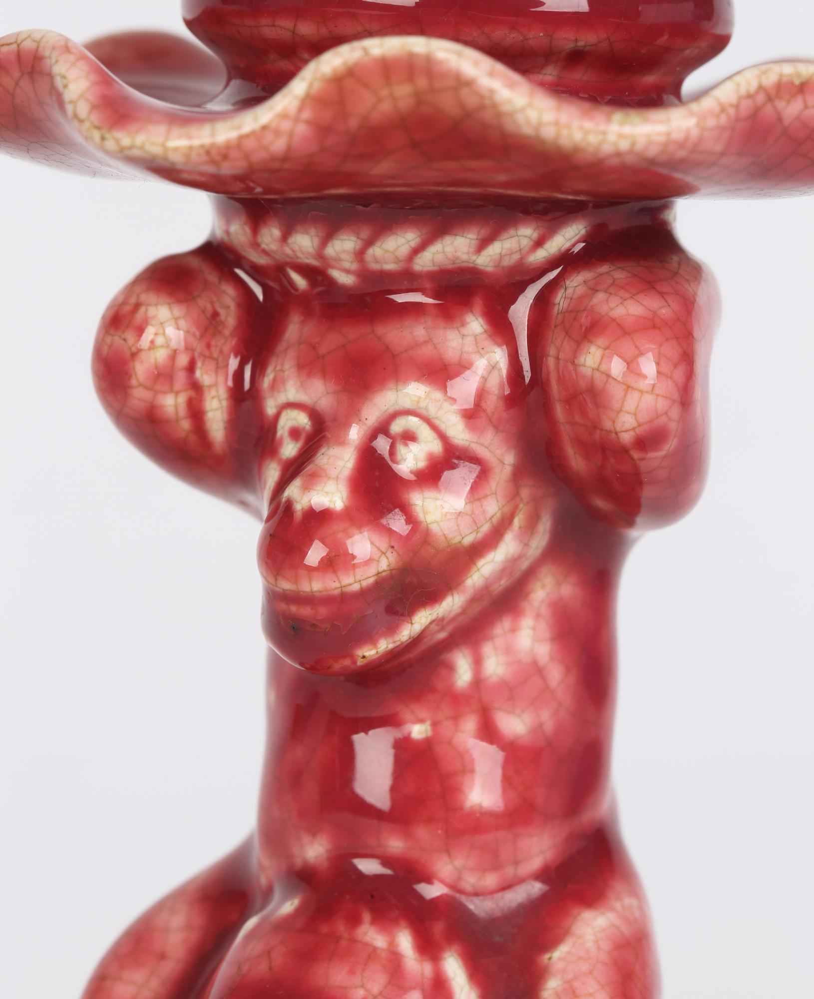 Minton Aesthetic Movement Plum Red Glazed Art Pottery Monkey Candlestick For Sale 4