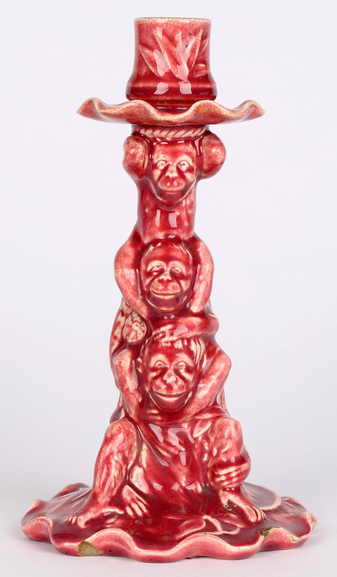 Minton Aesthetic Movement Plum Red Glazed Art Pottery Monkey Candlestick For Sale 1