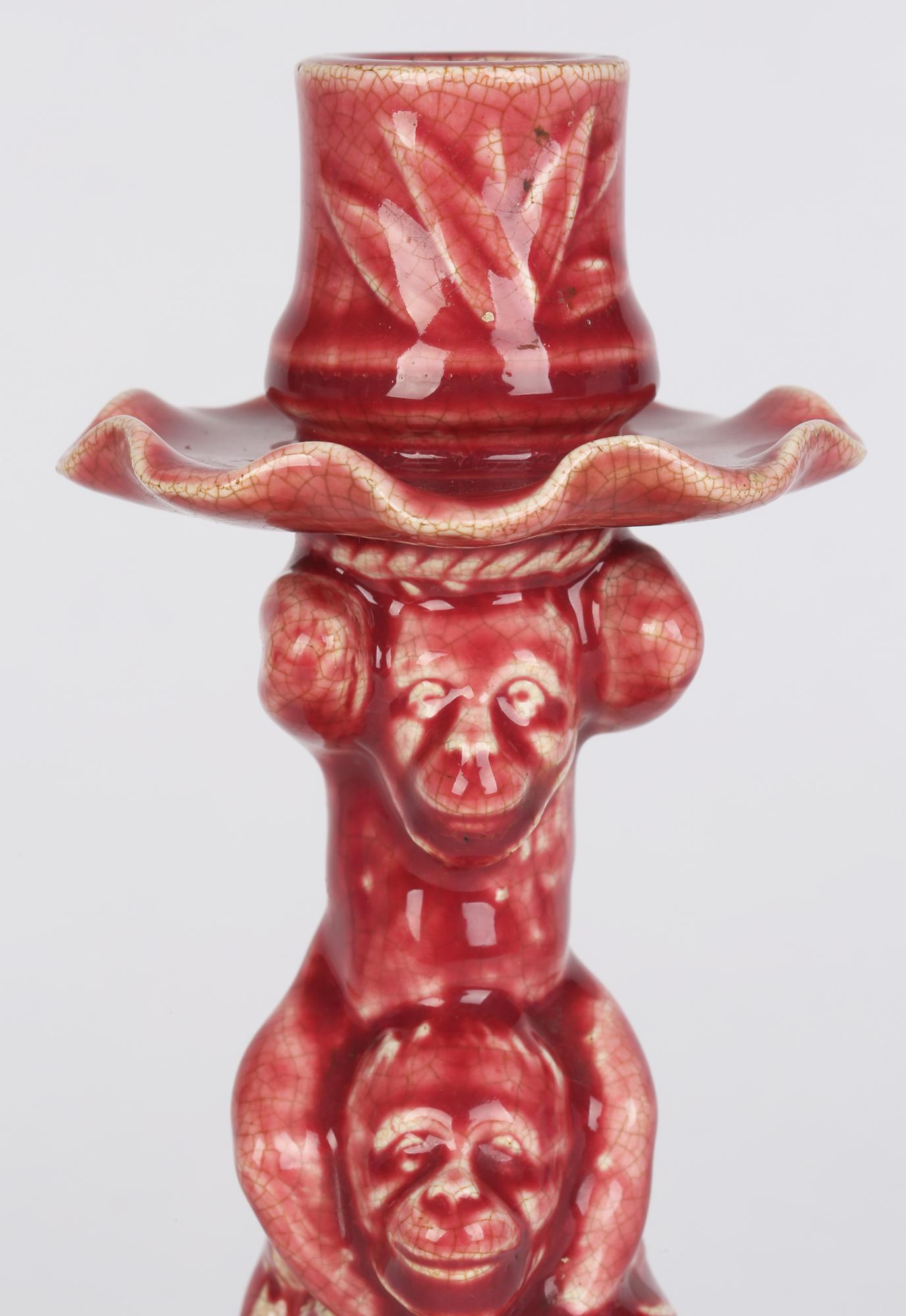 Minton Aesthetic Movement Plum Red Glazed Art Pottery Monkey Candlestick For Sale 2