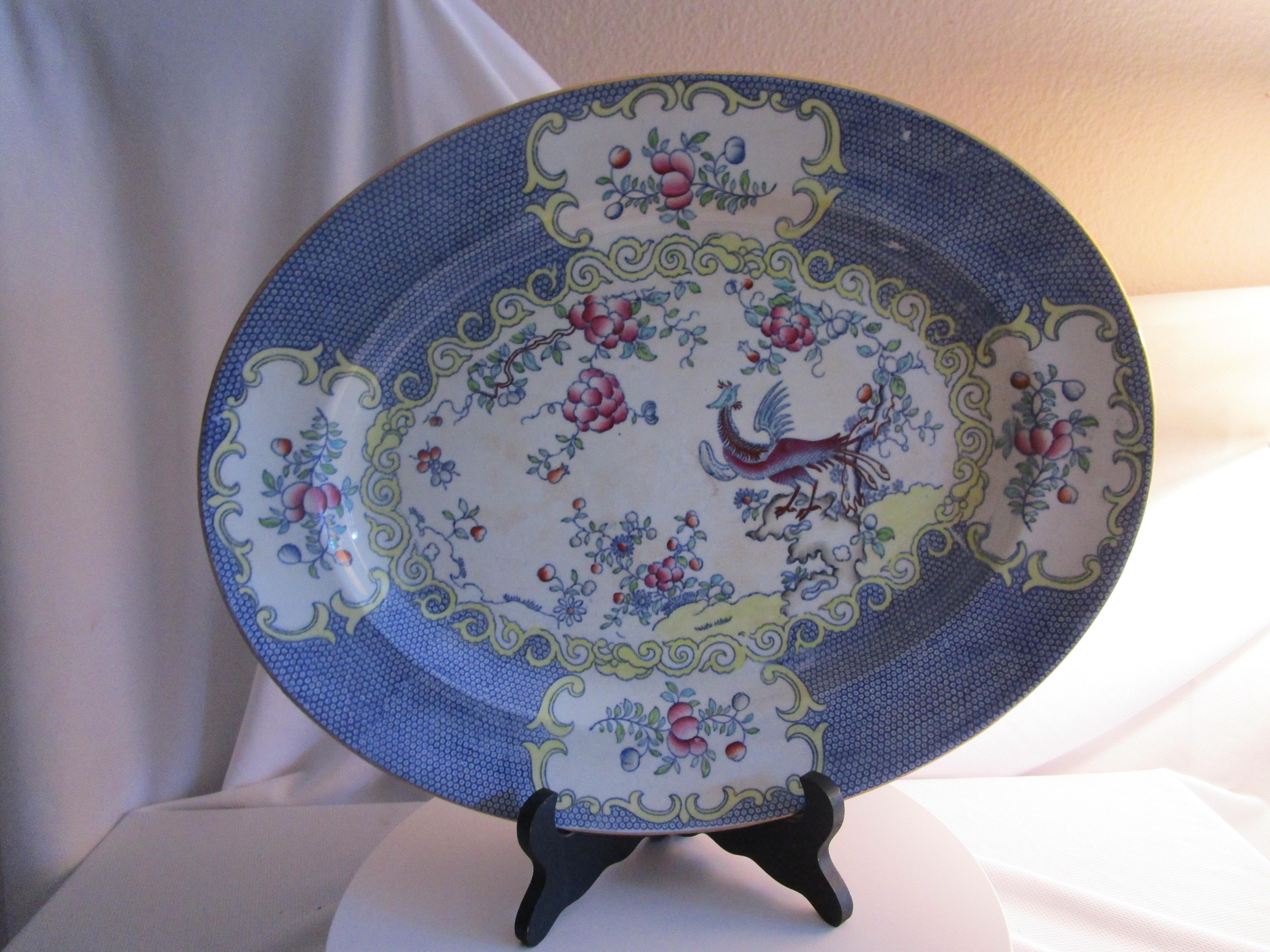 Ceramic Minton Antique Royal Blue Cuckoo Cockatrice Oval Platter For Sale