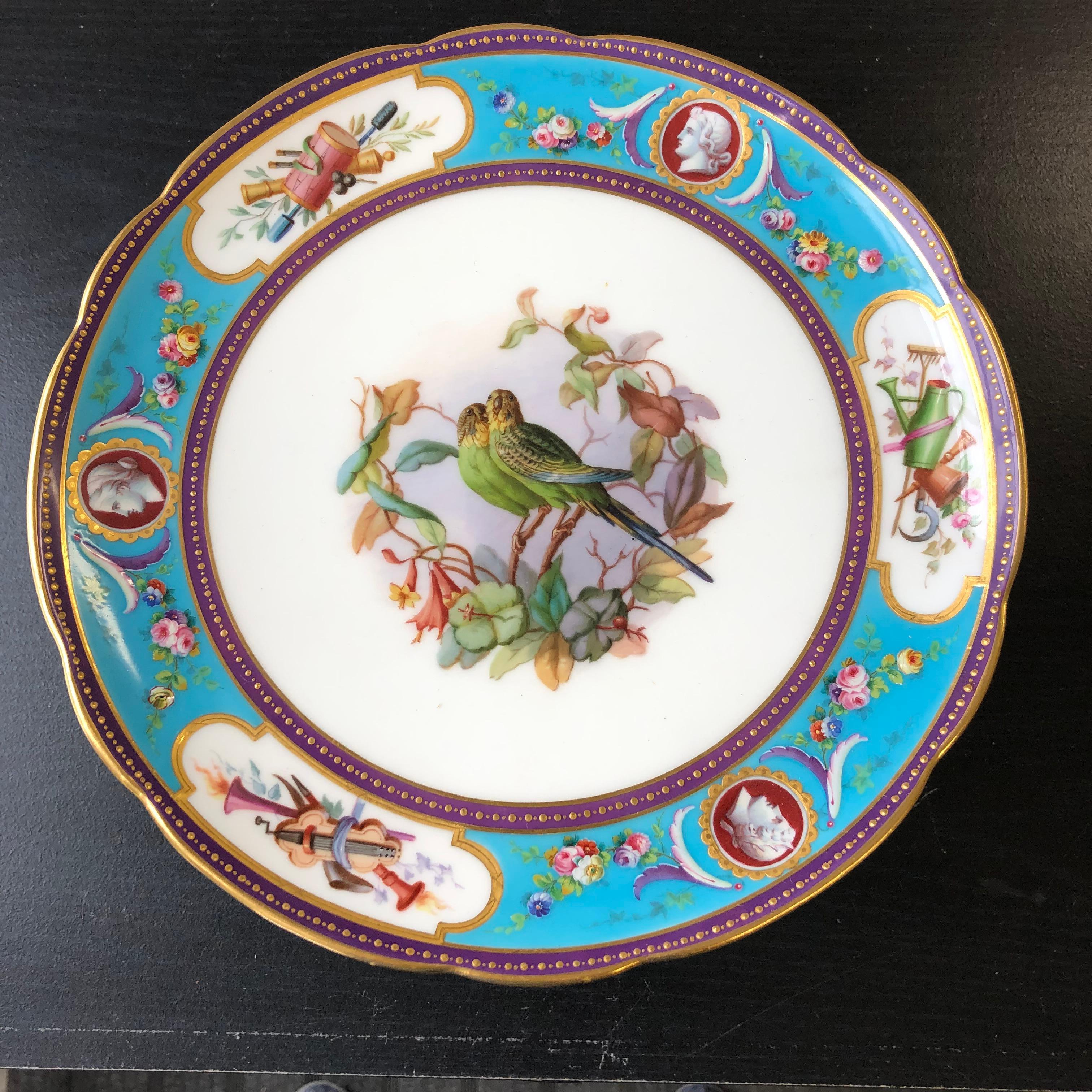 Minton Ca 1866 Dessert-Set handbemalte Vögel Türkis mit Kamee-Reservaten (Neoklassisch) im Angebot