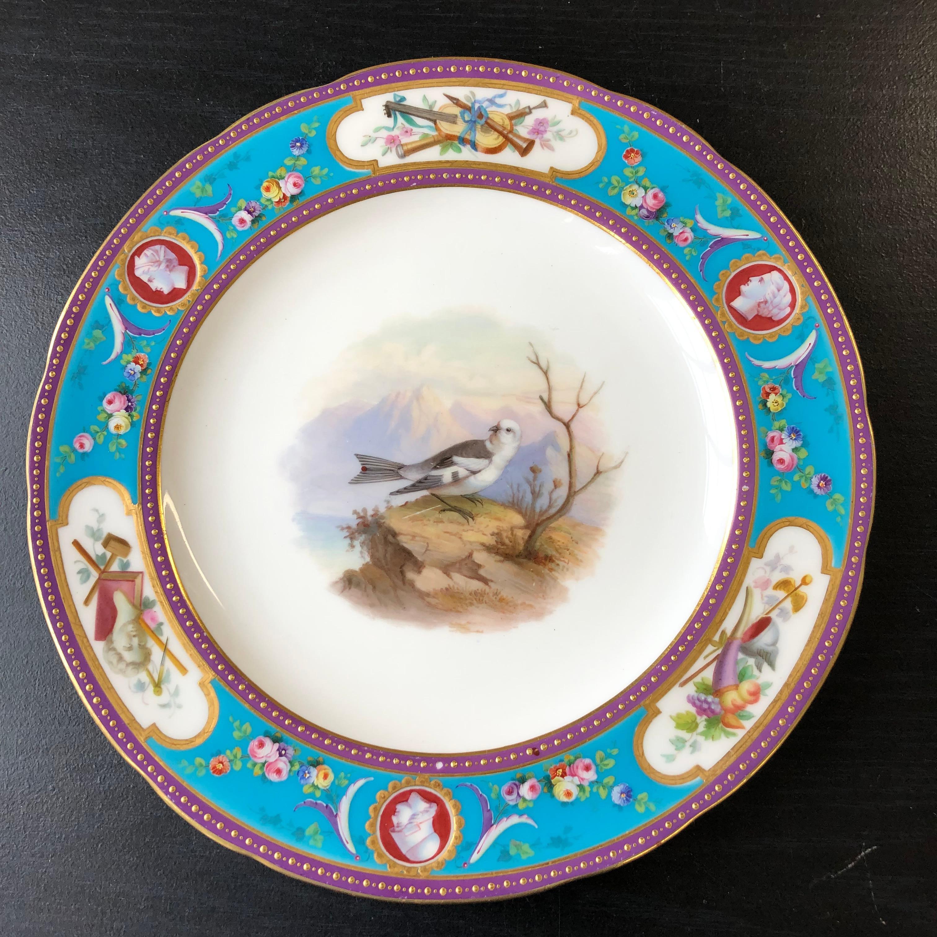 Neoclassical Minton Ca 1866 Dessert Set Hand Painted Birds Turquoise with Cameo Reserves For Sale