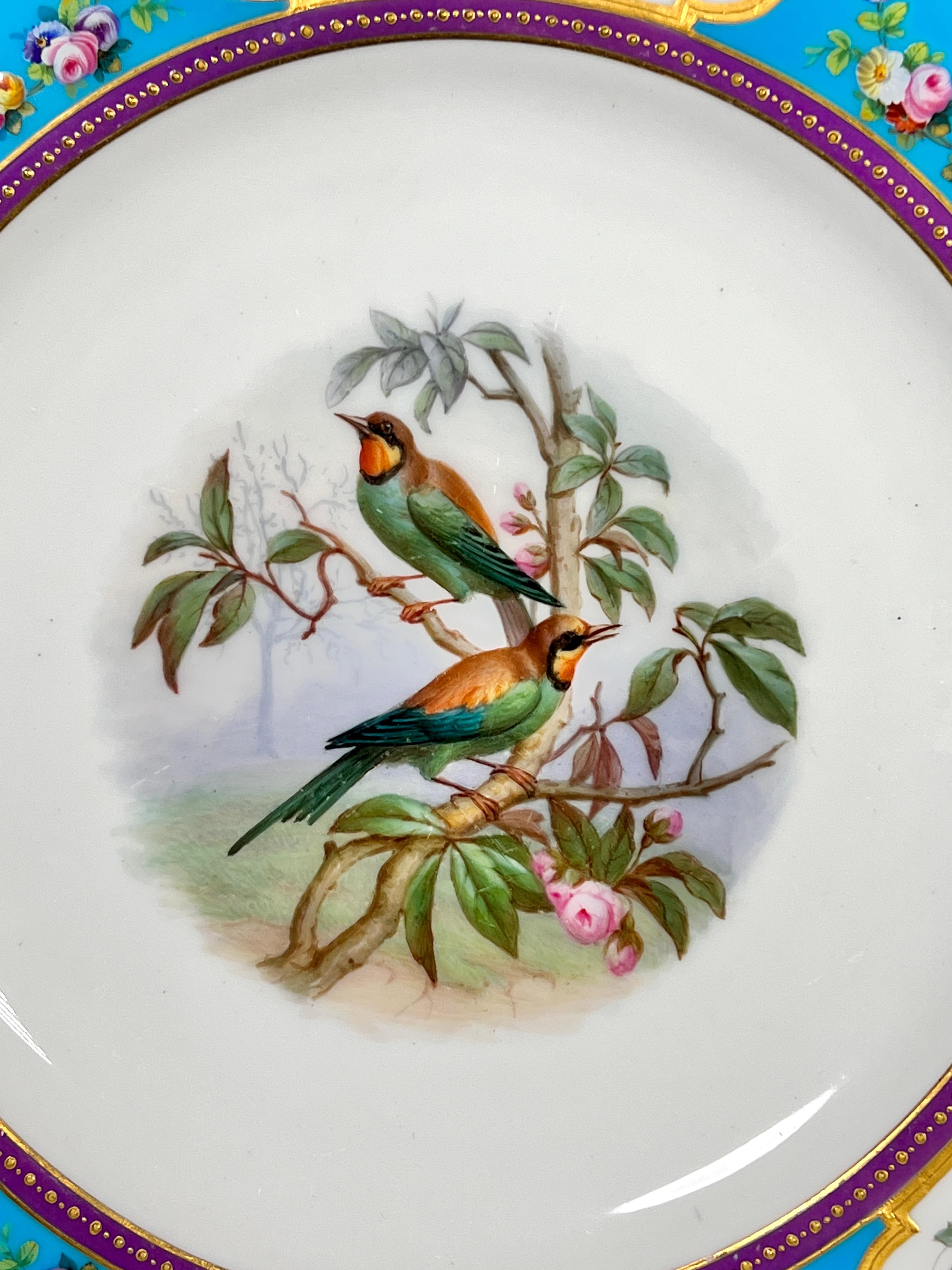 Hand-Painted Minton Ca 1866 Dessert Set Hand Painted Birds Turquoise with Cameo Reserves For Sale