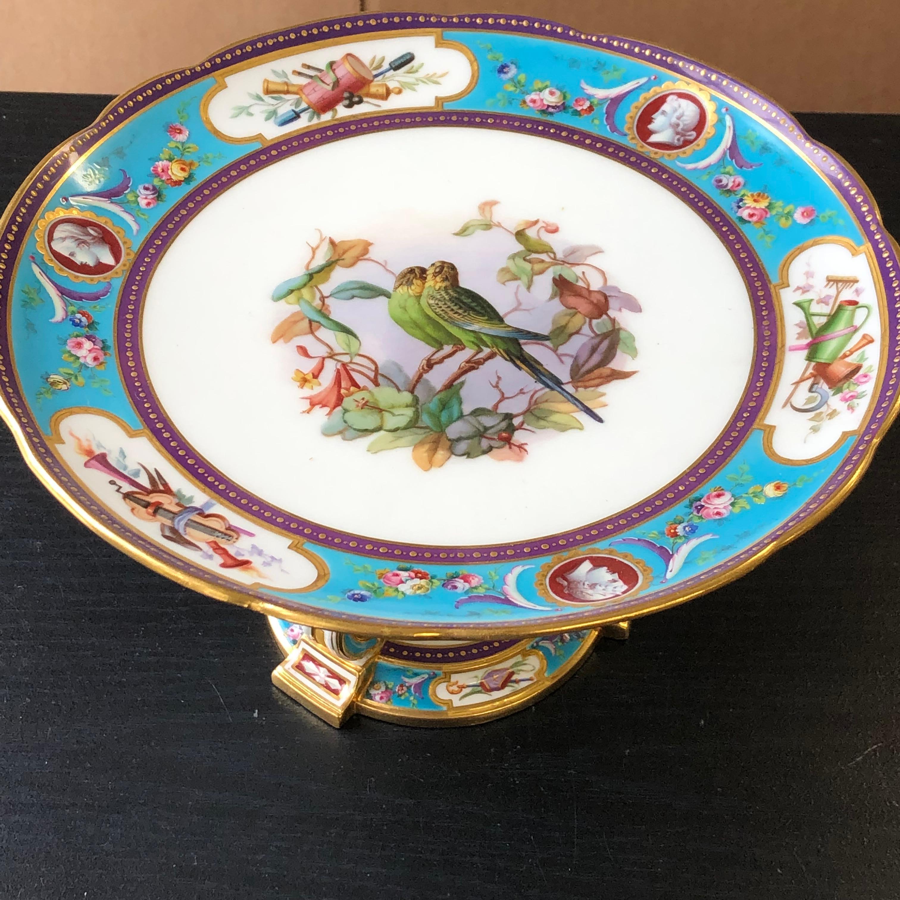 Mid-19th Century Minton Ca 1866 Dessert Set Hand Painted Birds Turquoise with Cameo Reserves For Sale