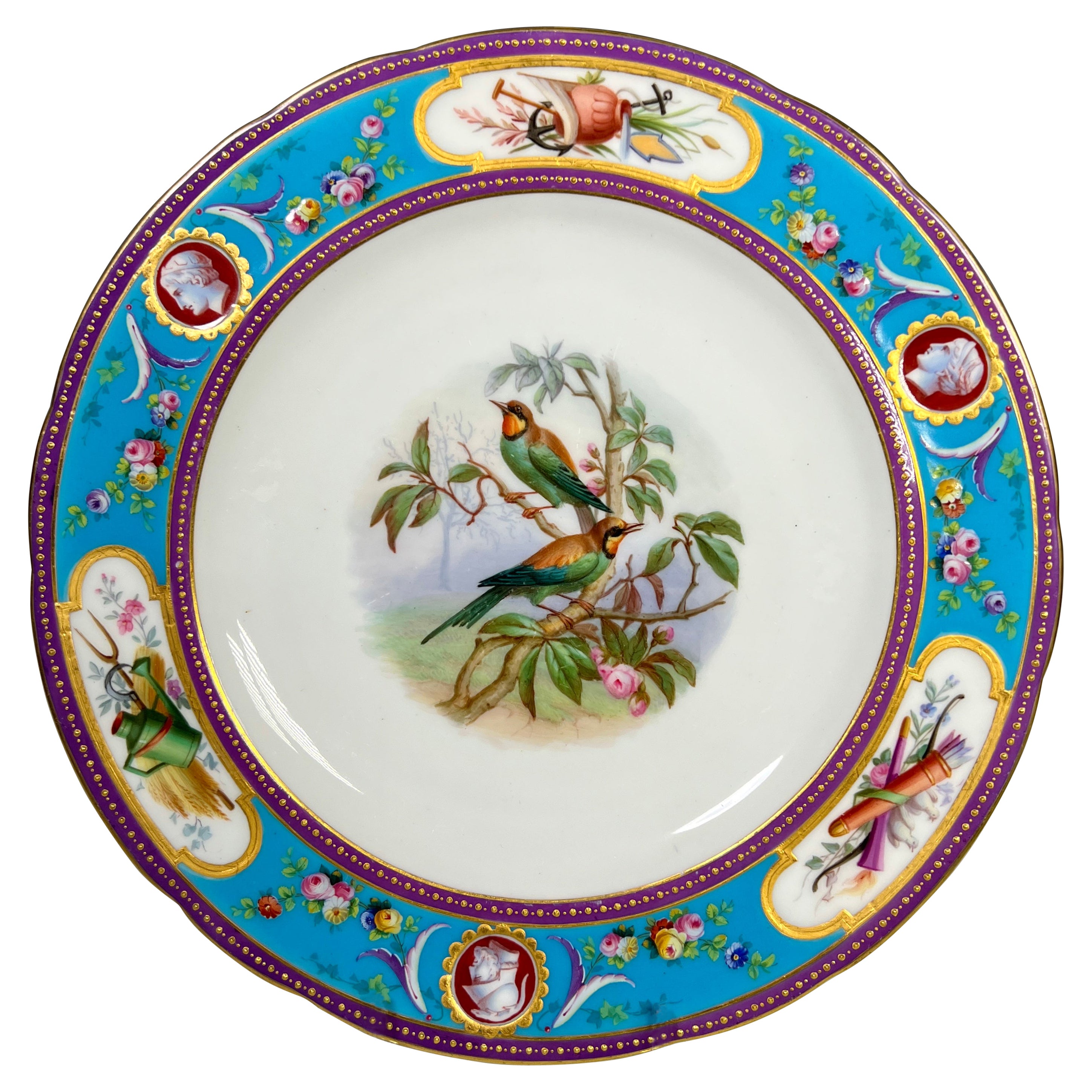 Minton Ca 1866 Dessert-Set handbemalte Vögel Türkis mit Kamee-Reservaten