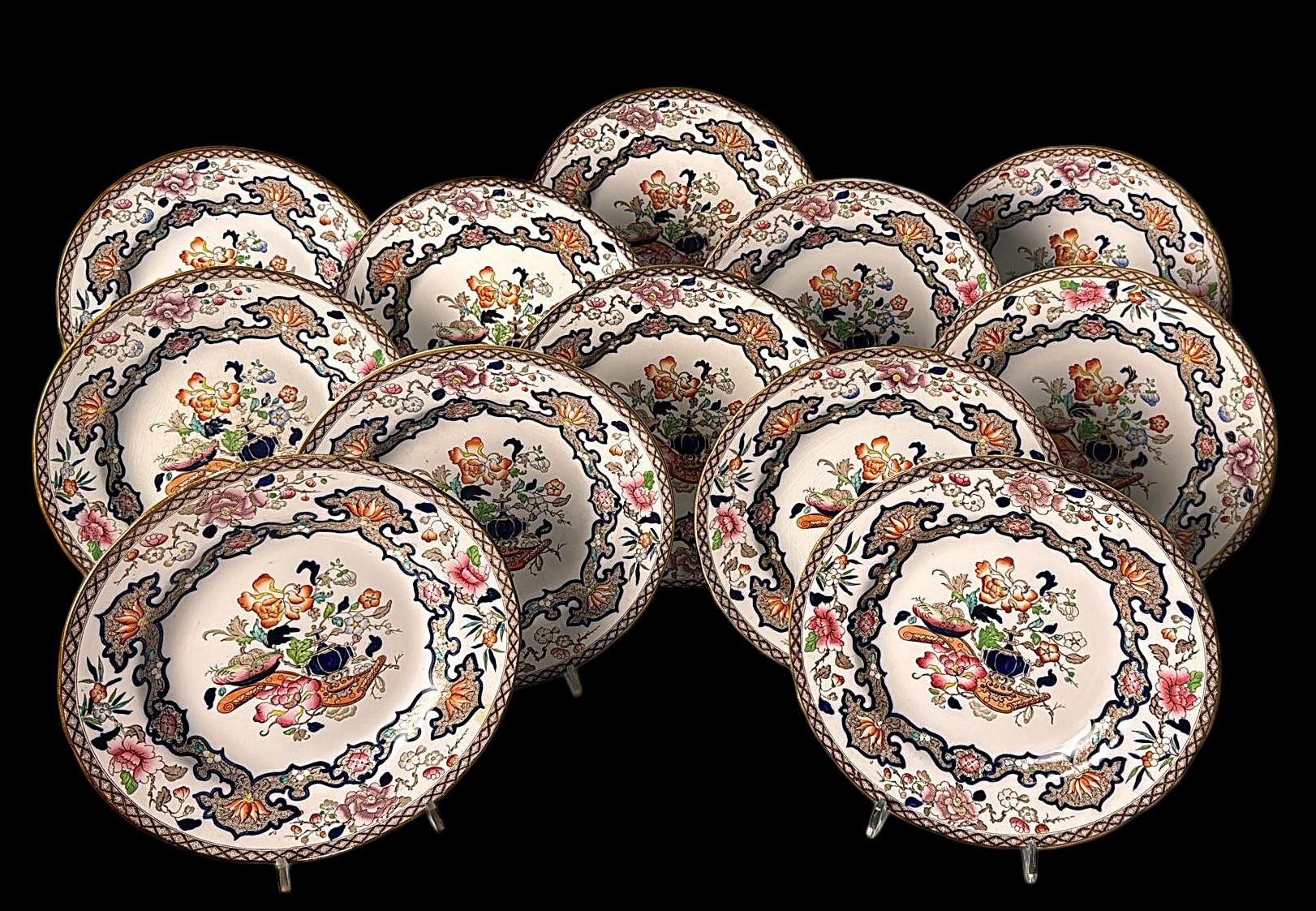Minton Estilo Chinoiserie  Juego de 12 Platos de Transfer Inglés Pintados a Mano Británico en venta