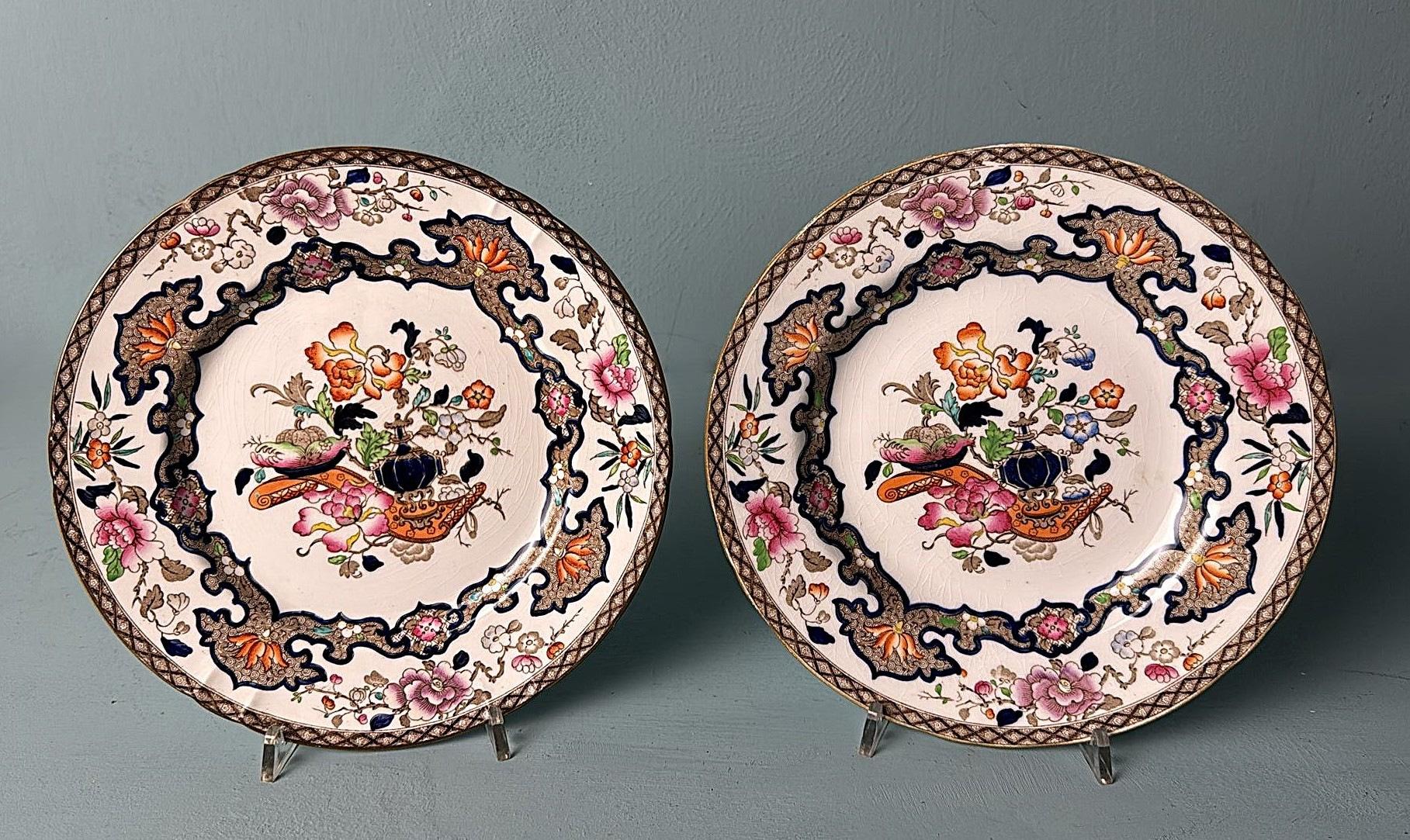 Minton Estilo Chinoiserie  Juego de 12 Platos de Transfer Inglés Pintados a Mano Porcelana en venta