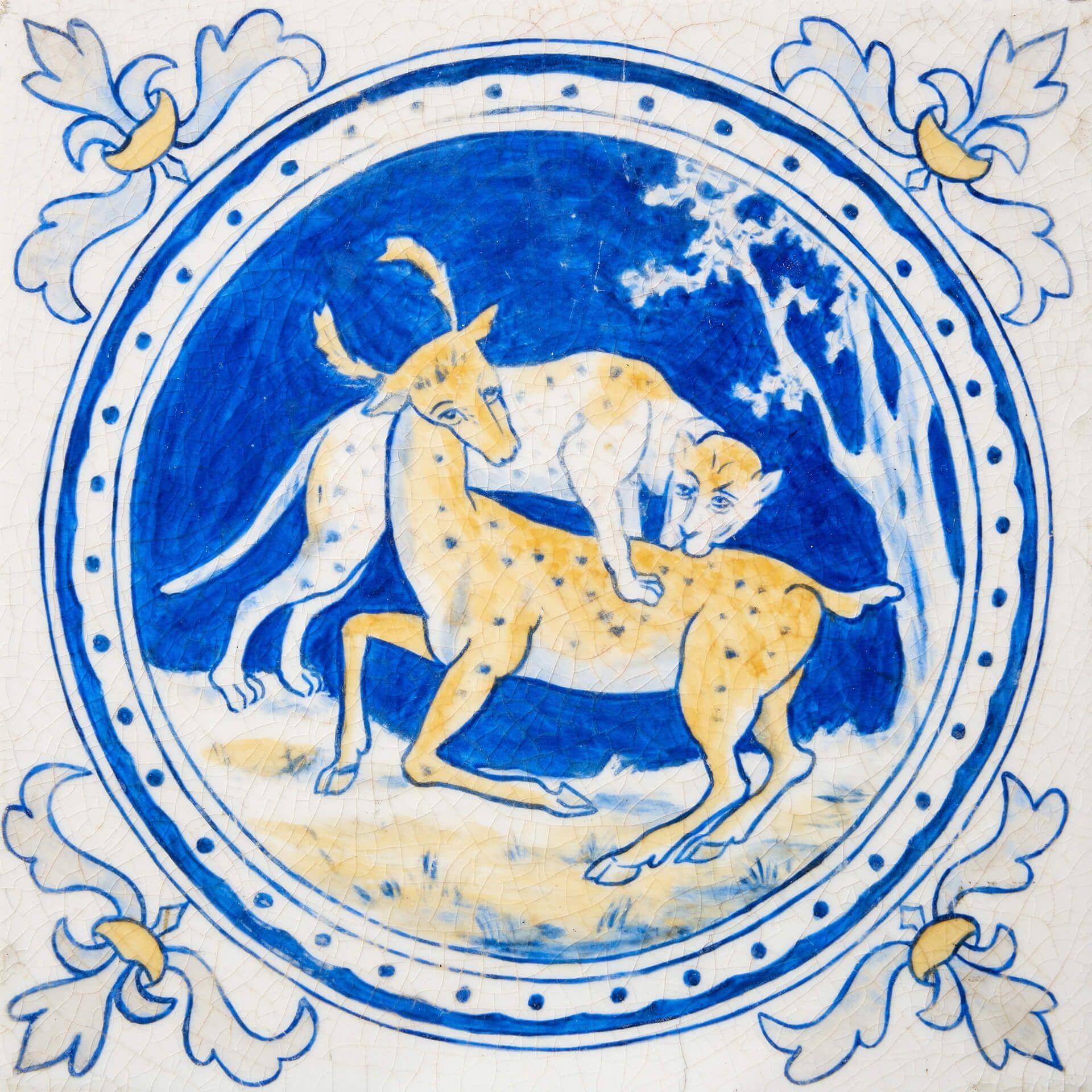 Néoclassique Tile Minton & Co peint à la main de 6 pouces avec léopard et cerf en vente