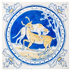 Antique Minton & Co 6-Inch Tile Handpainted with Leopard & Deer
