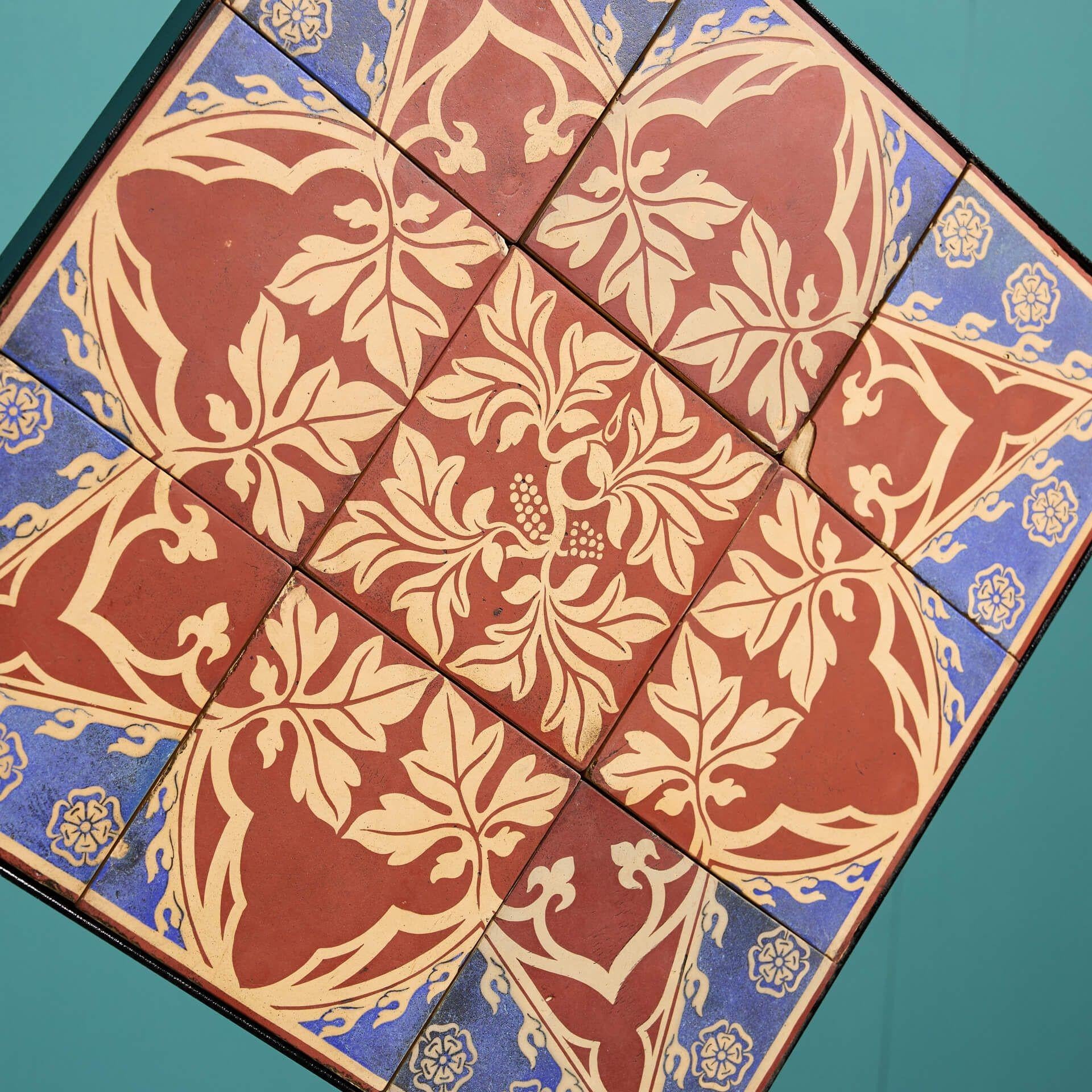 A set of nine 6-inch by 6-inch neo-medieval encaustic tiles by Minton & Co (stamped); an exact match to an identical set in the British Museum attributed to architect and designer, A. W. N. Pugin, circa 1850.

Together, the nine encaustic tiles form