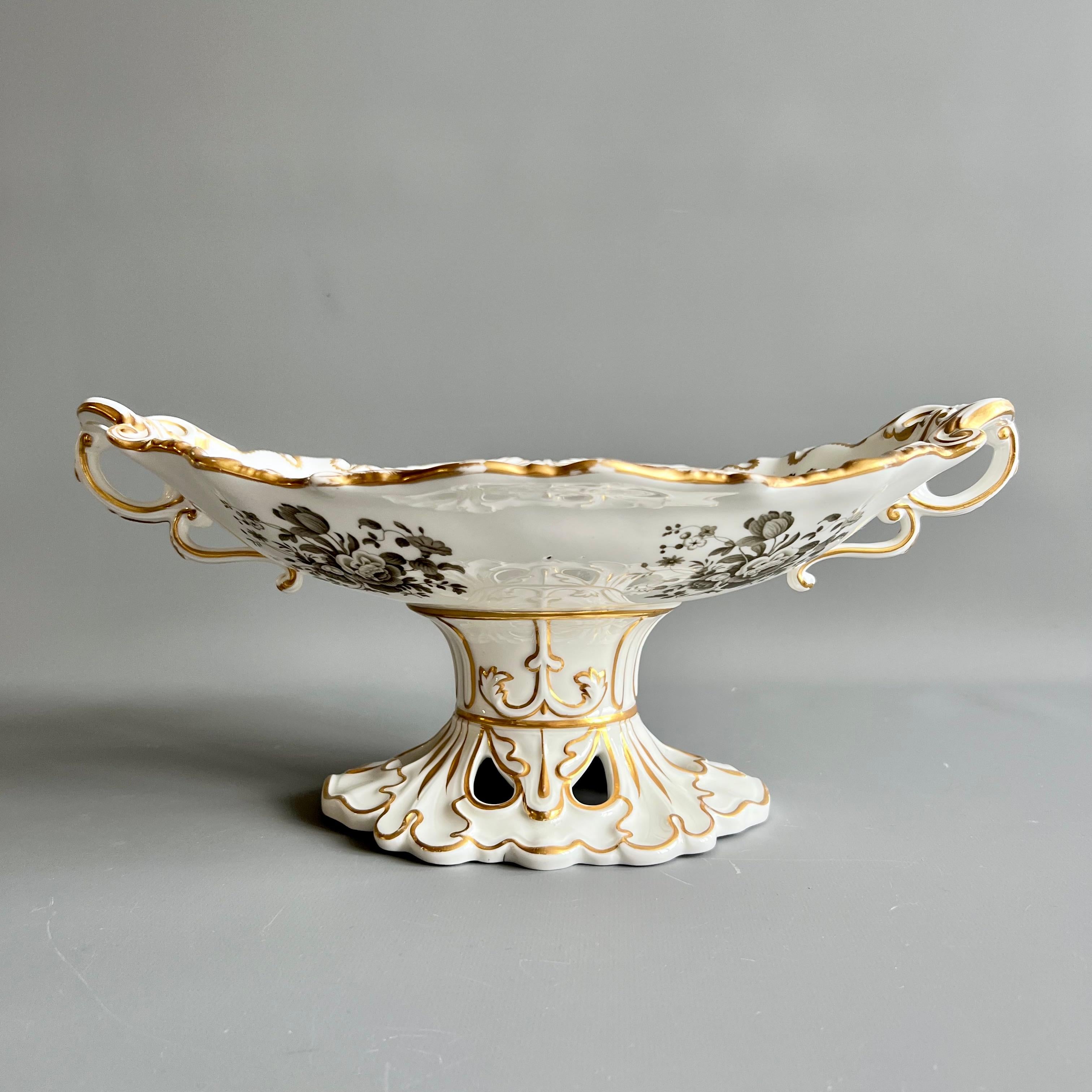Rococo Revival Minton Dessert Service, Inverted Shell White with Monochrome Flowers, ca 1830 For Sale
