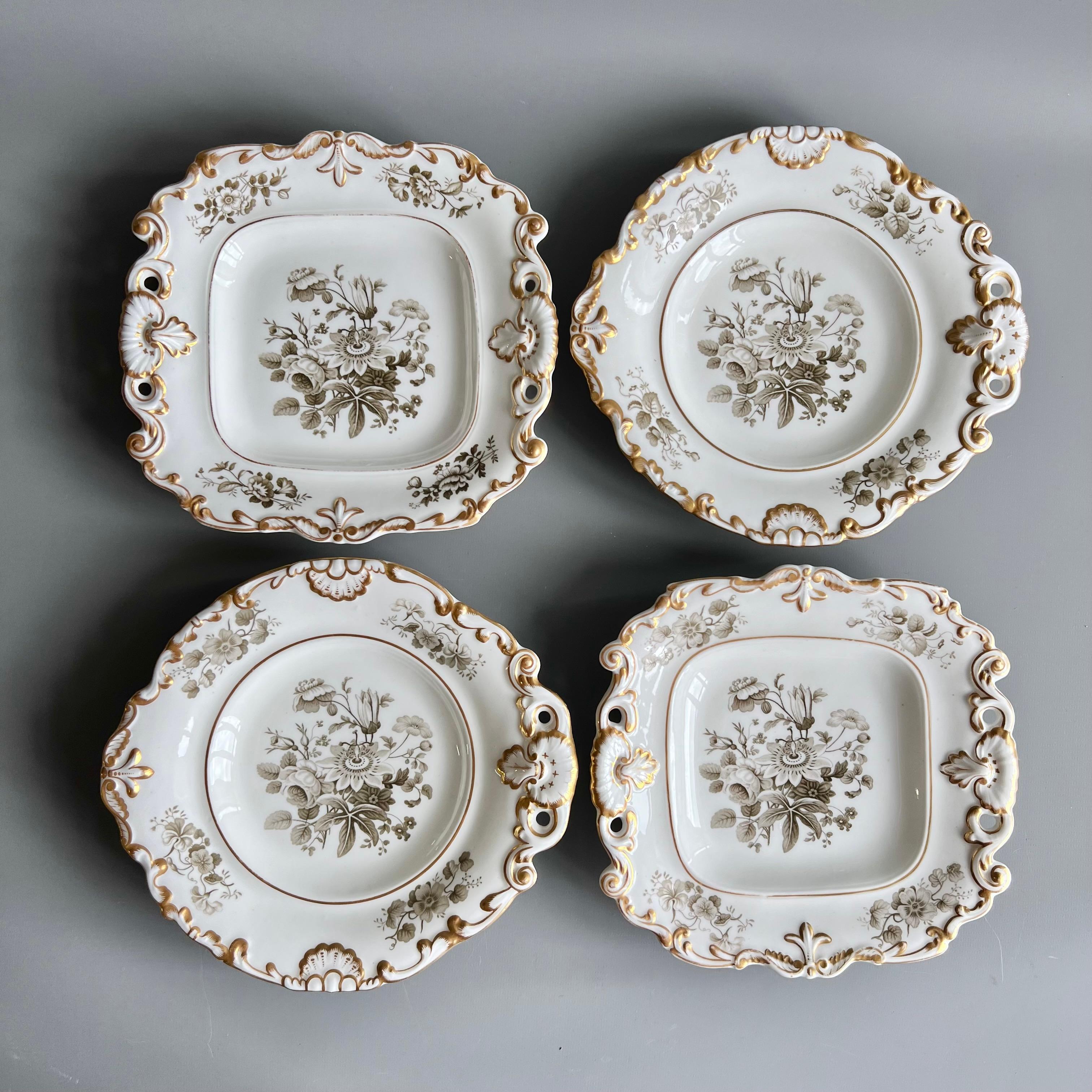 Hand-Painted Minton Dessert Service, Inverted Shell White with Monochrome Flowers, ca 1830 For Sale