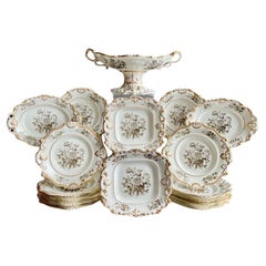 Antique Minton Dessert Service, Inverted Shell White with Monochrome Flowers, ca 1830