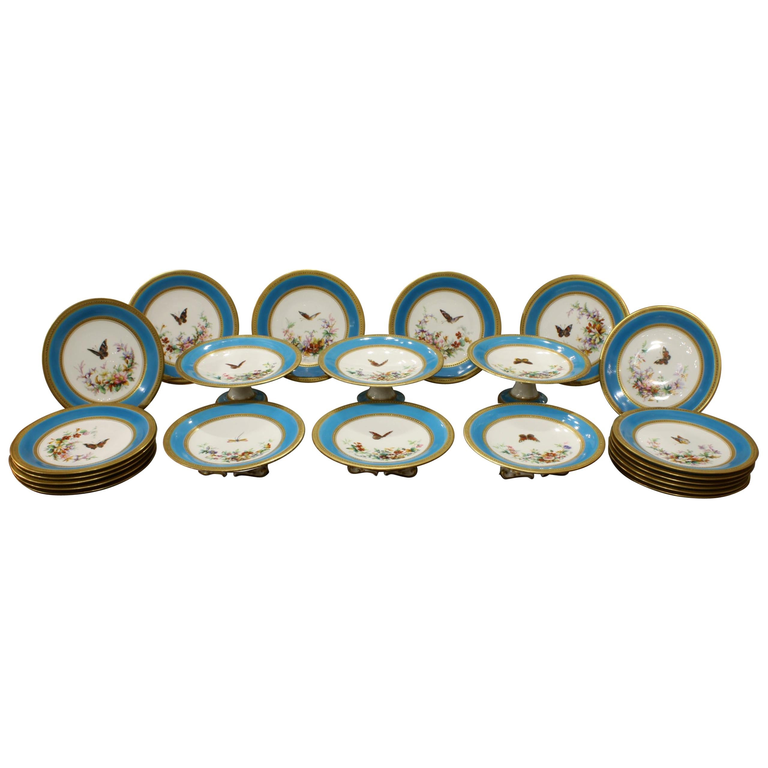Minton Dessert Service with Butterflies and Flowers and Gold Rims