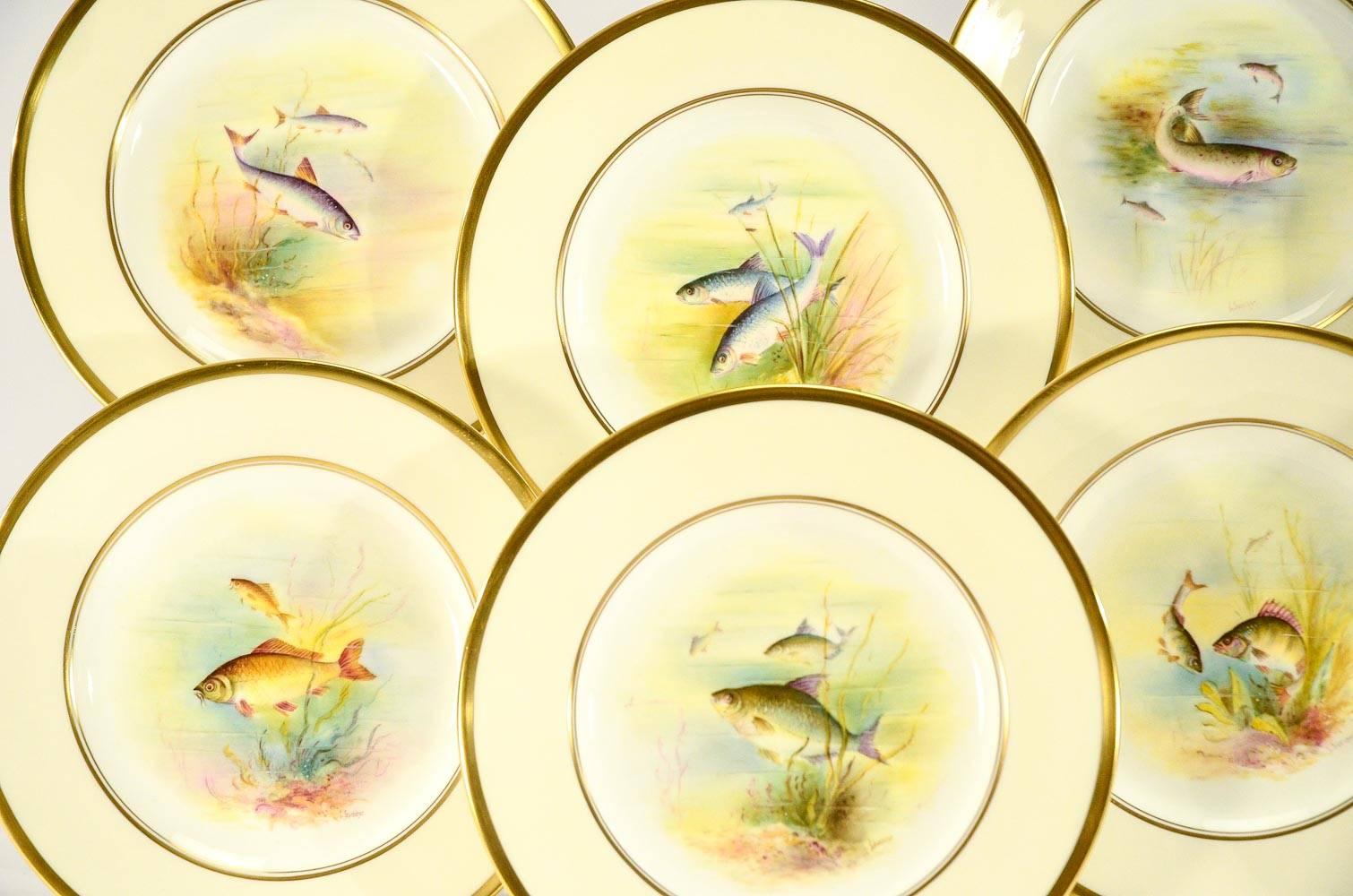 English Minton Hand Painted Artist Signed Fish Service with Platter, 12 Plates and Gravy For Sale