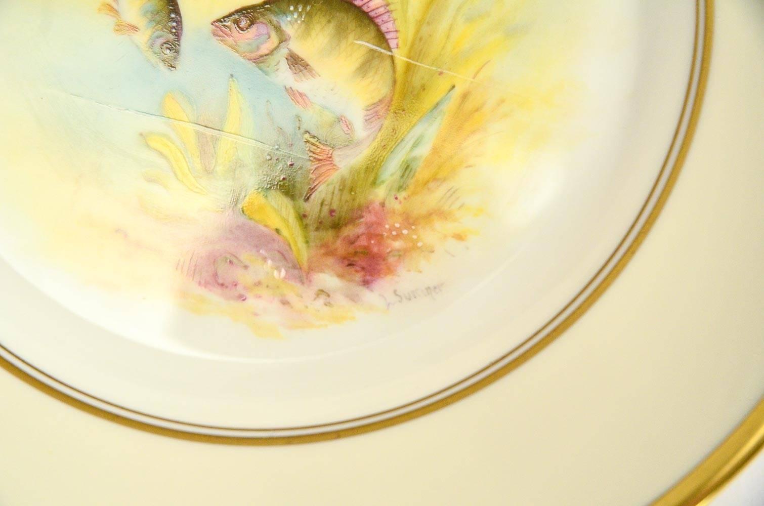 Servicio de Pescado Minton Pintado a Mano y Firmado por Artista con Plato, 12 Platos y Salsa Porcelana en venta