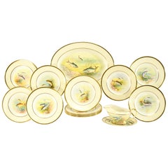 Minton Hand Painted Artist Signed Fish Service with Platter, 12 Plates and Gravy