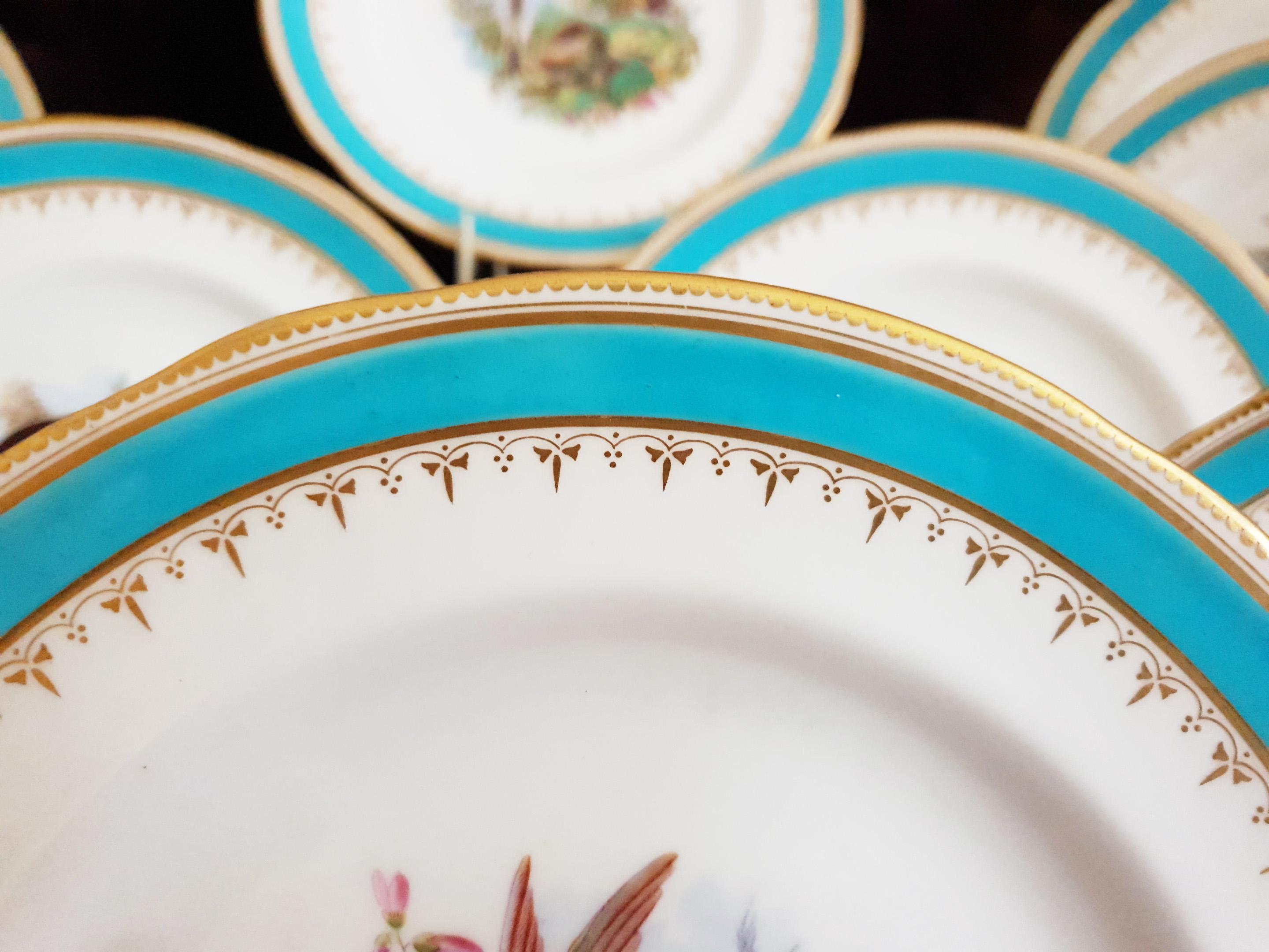 English Minton Hand Painted Dinner Plates with Humming Birds and Parrots For Sale