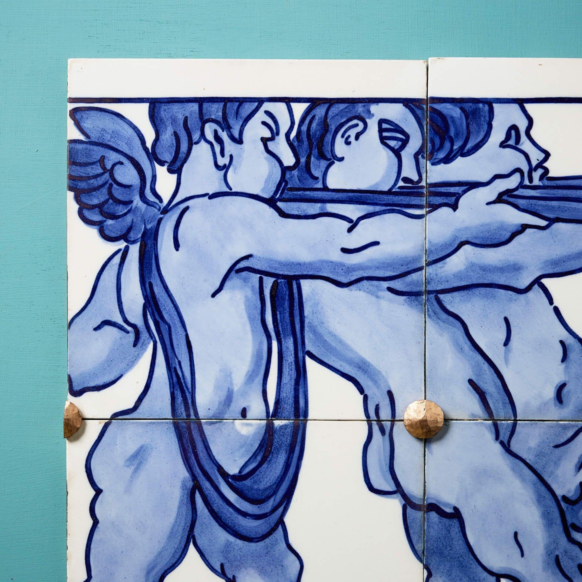 Inglese Minton Hollins Pannello antico a fregio piastrellato con cherubini in vendita