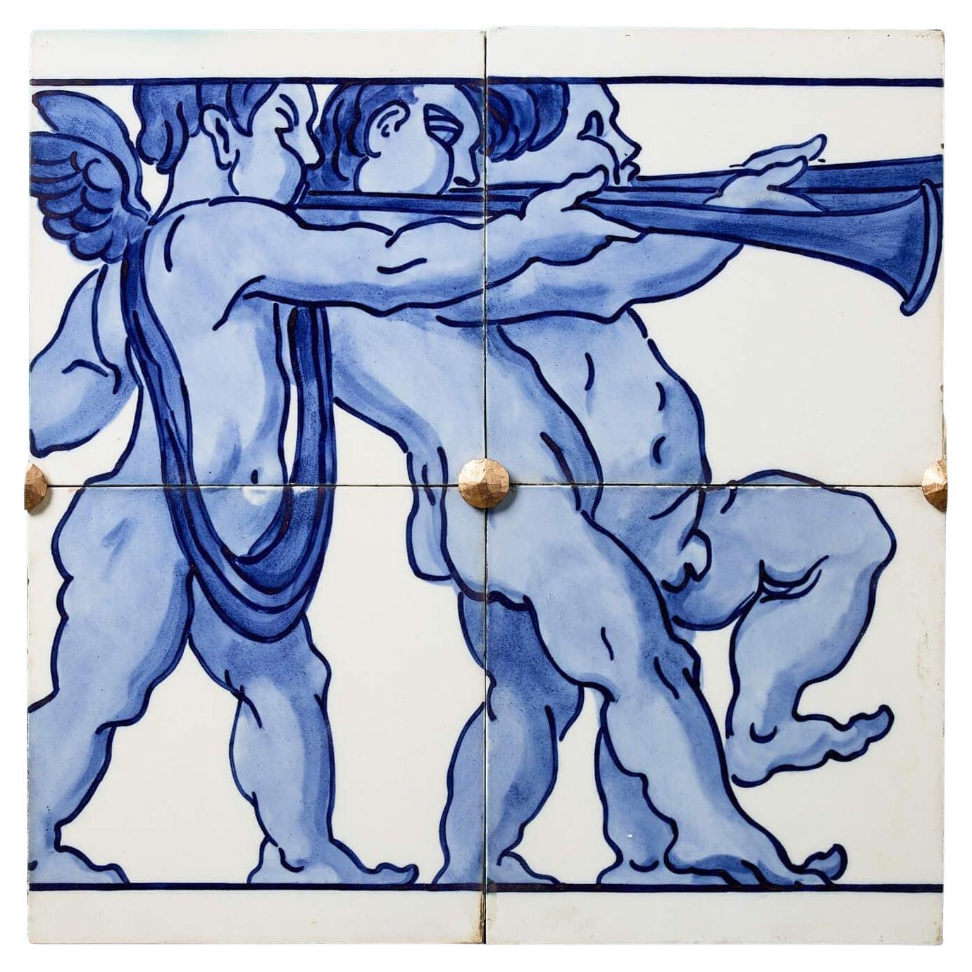 Minton Hollins Pannello antico a fregio piastrellato con cherubini