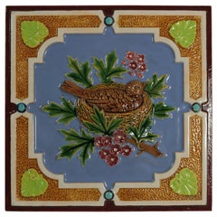 Antique Minton Hollins & Co. Majolica Bird Tile