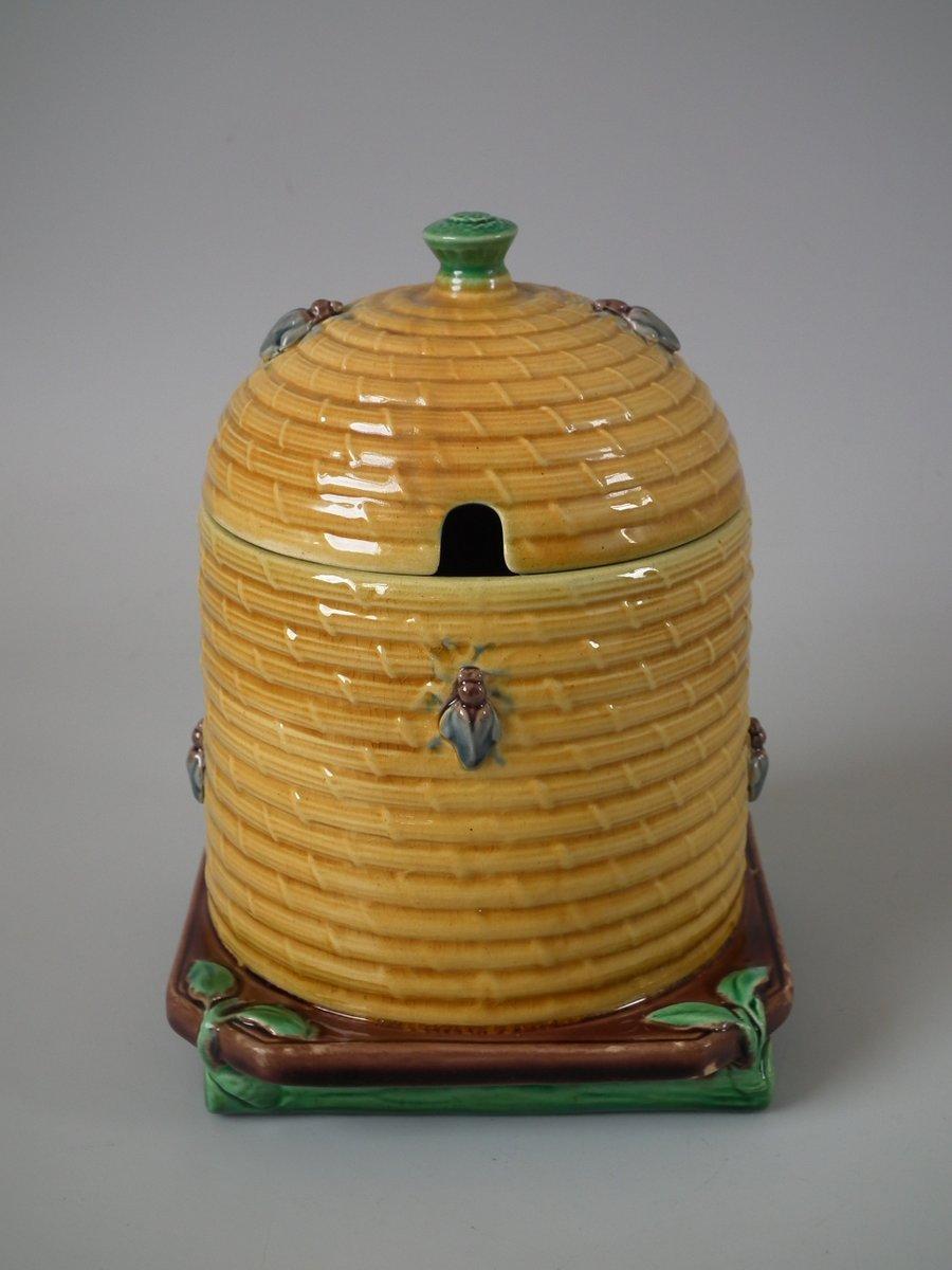 Late 19th Century Minton Majolica Beehive Honey Pot and Cover