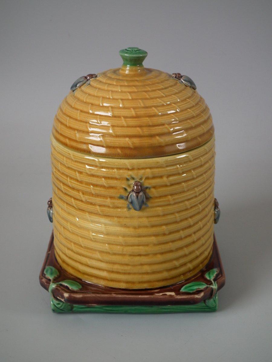 Glazed Minton Majolica Beehive Honey Pot and Cover