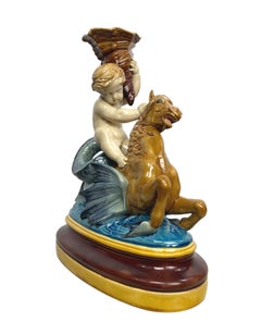 Minton Majolica Centerpiece Putto Riding Winged Seahorse, Dated 1864, H-17ins