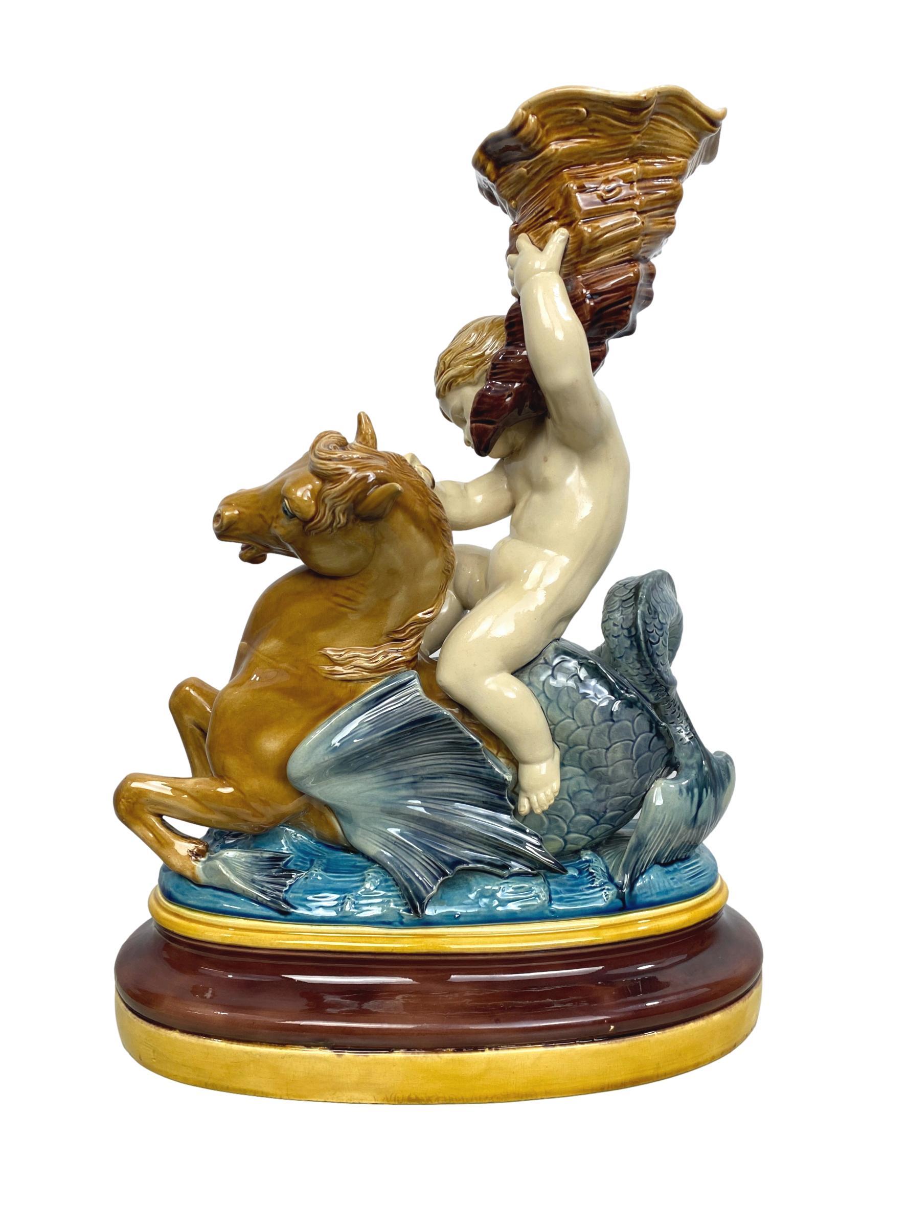 Victorian Minton Majolica Centerpiece Putto Riding Winged Seahorse, Dated 1864, H-17ins