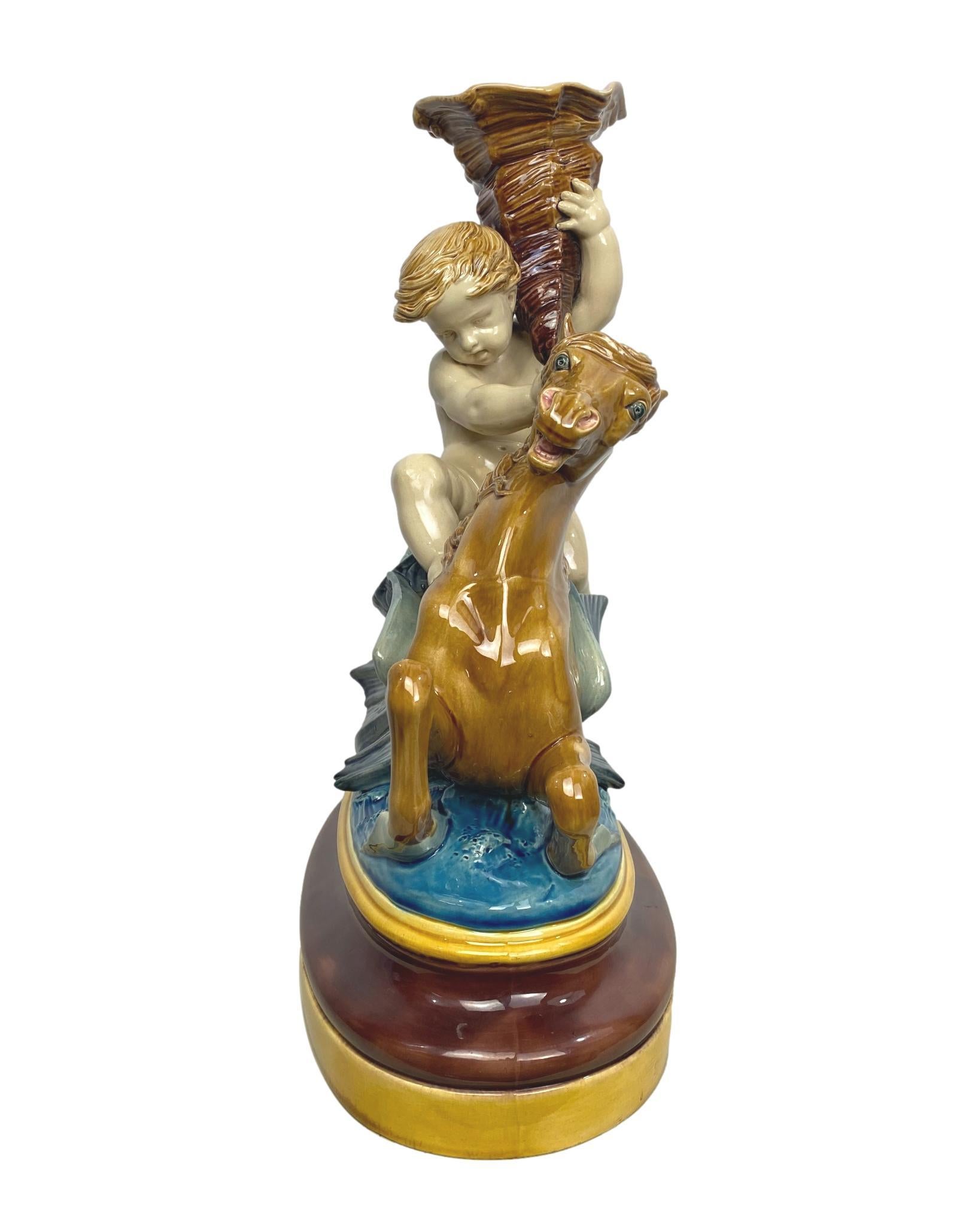 English Minton Majolica Centerpiece Putto Riding Winged Seahorse, Dated 1864, H-17ins