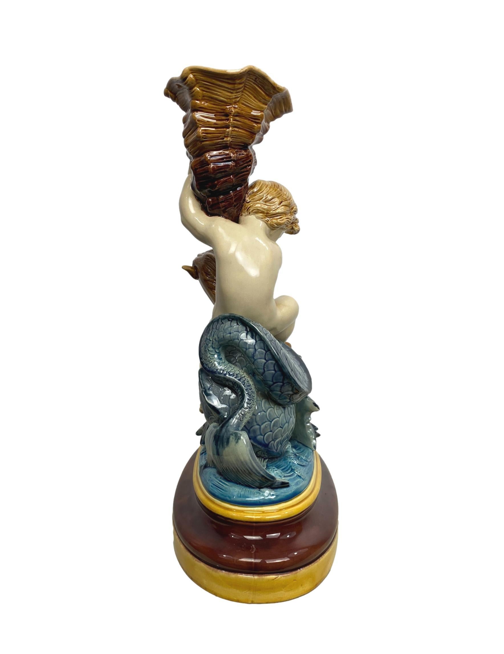 Molded Minton Majolica Centerpiece Putto Riding Winged Seahorse, Dated 1864, H-17ins