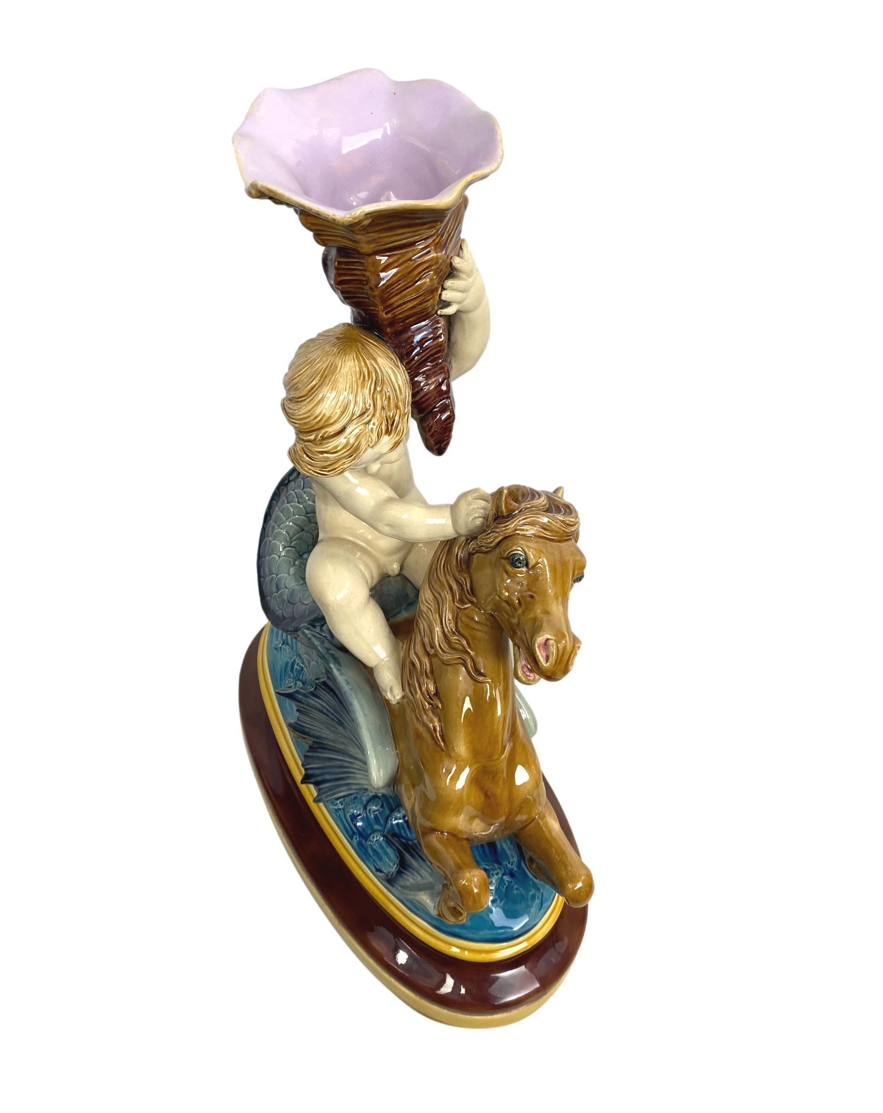 Minton Majolica Centerpiece Putto Riding Winged Seahorse, Dated 1864, H-17ins In Good Condition In Banner Elk, NC