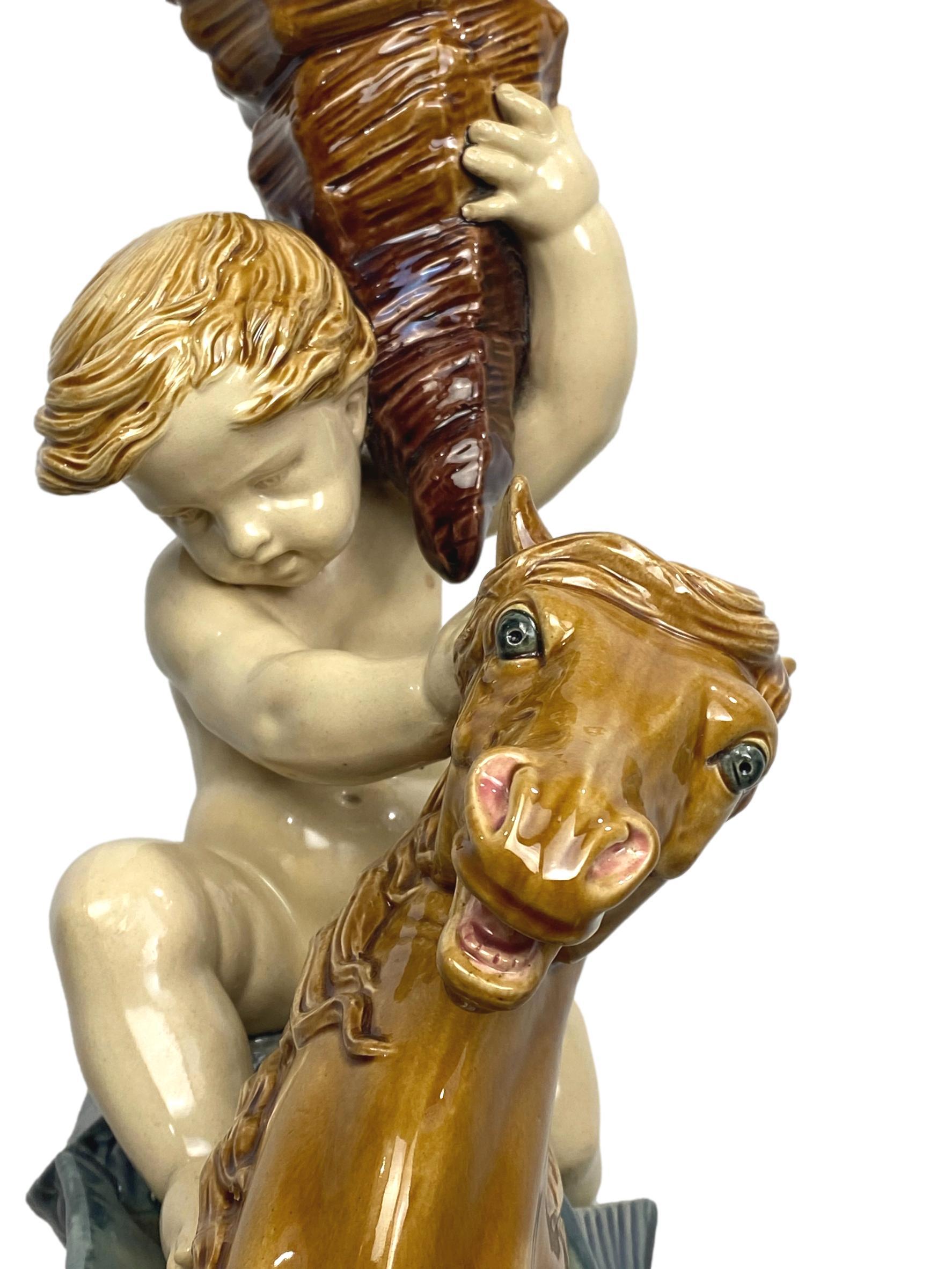 19th Century Minton Majolica Centerpiece Putto Riding Winged Seahorse, Dated 1864, H-17ins