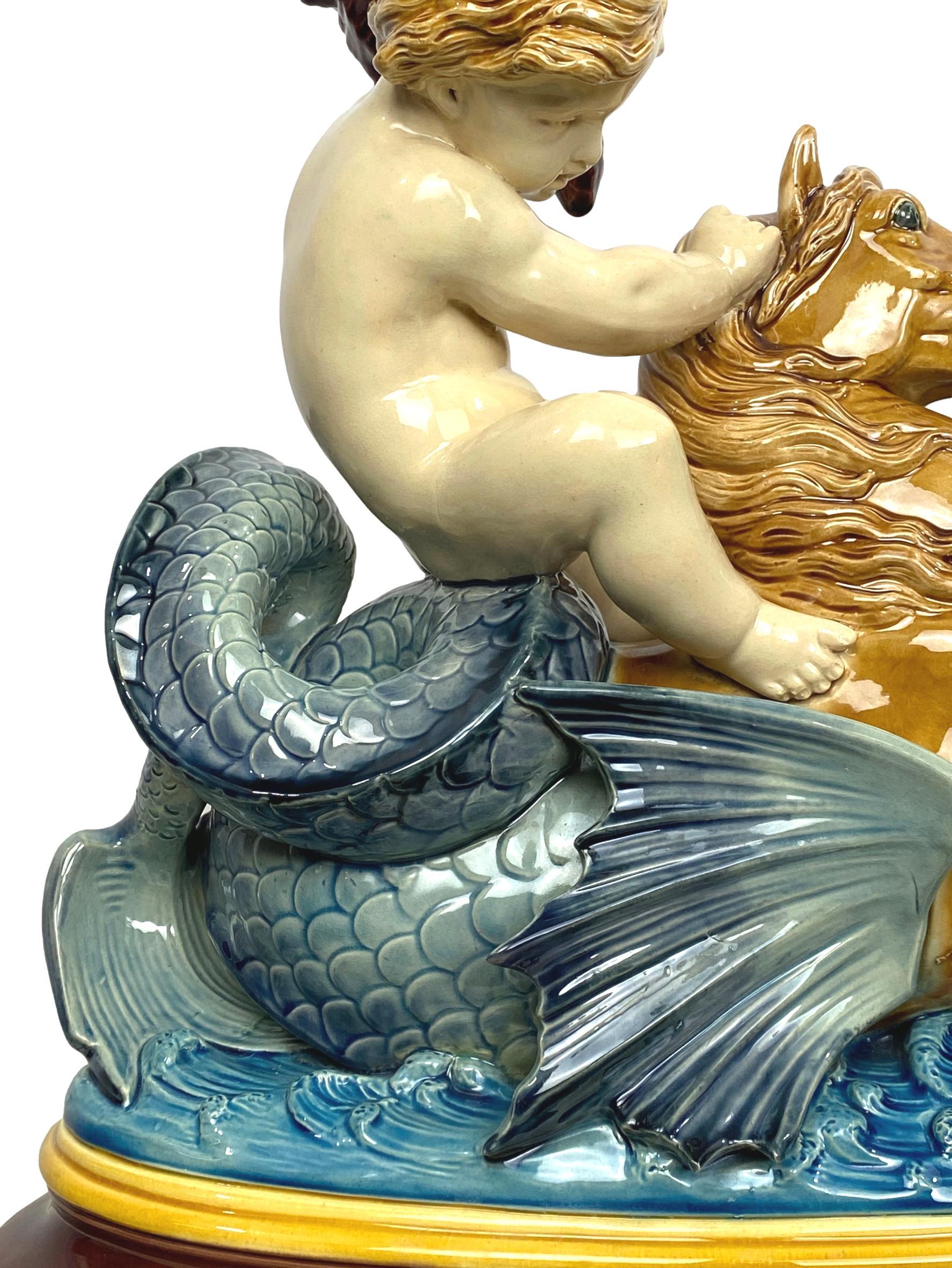 Minton Majolica Centerpiece Putto Riding Winged Seahorse, Dated 1864, H-17ins 2