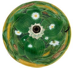 Minton Majolica Centerpiece Tray 15-in, Lotus Flower on Green Ground, Dated 1863