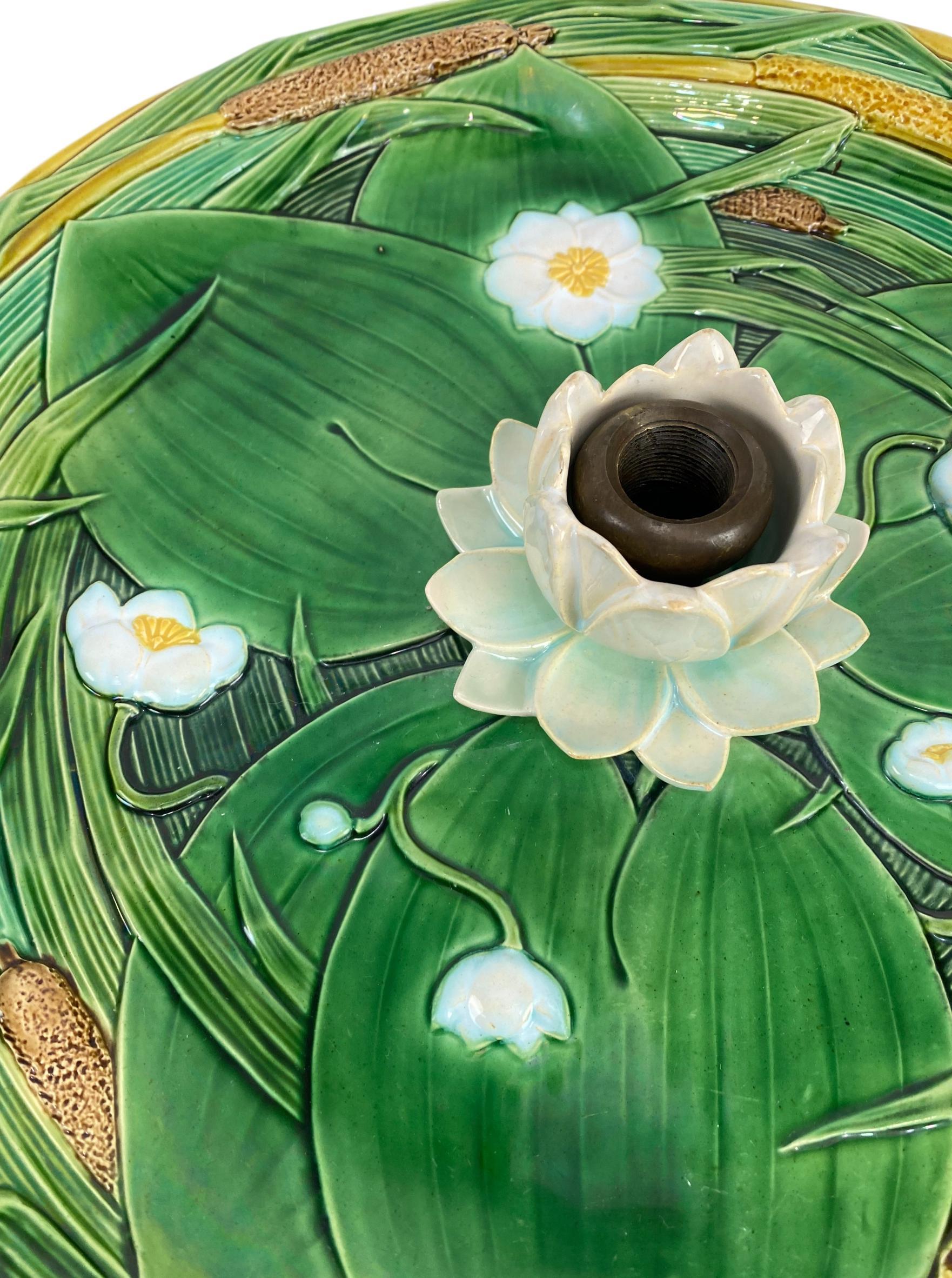 English Minton Majolica Centerpiece Tray 15-in, Lotus Flower on Green Ground, Dated 1863 For Sale
