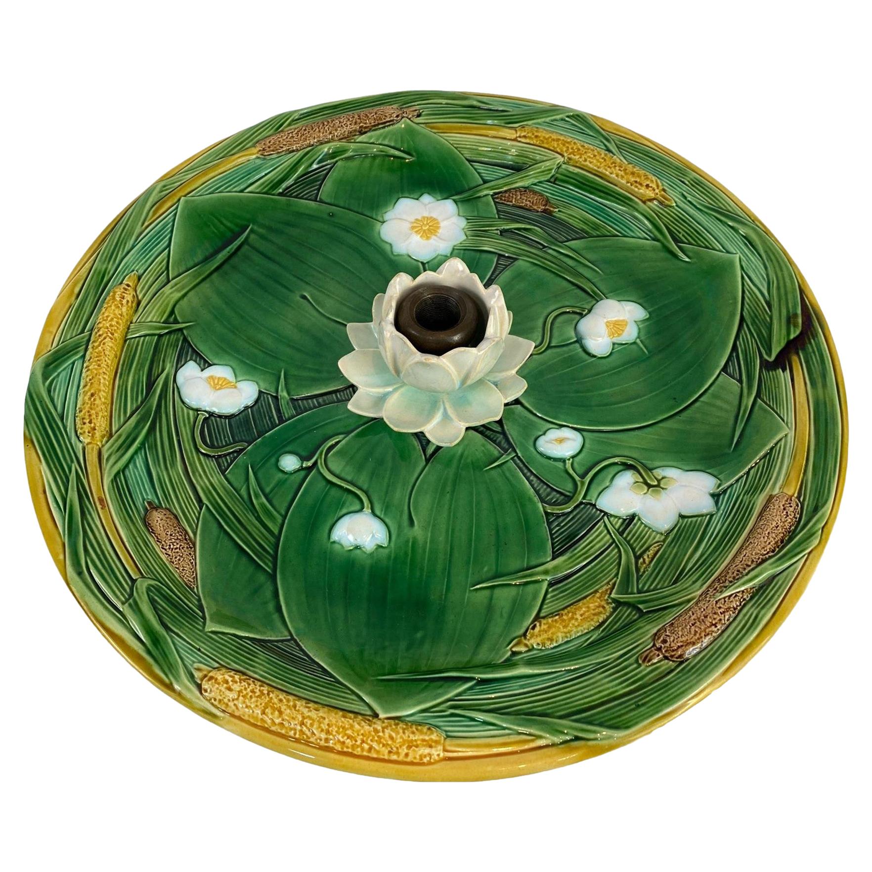 Minton Majolica Centerpiece Tray 15-in, Lotus Flower on Green Ground, Dated 1863