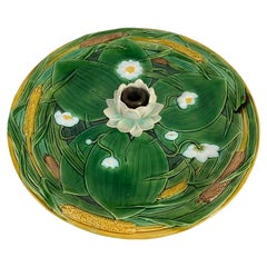 Antique Minton Majolica Centerpiece Tray 15-in, Lotus Flower on Green Ground, Dated 1863