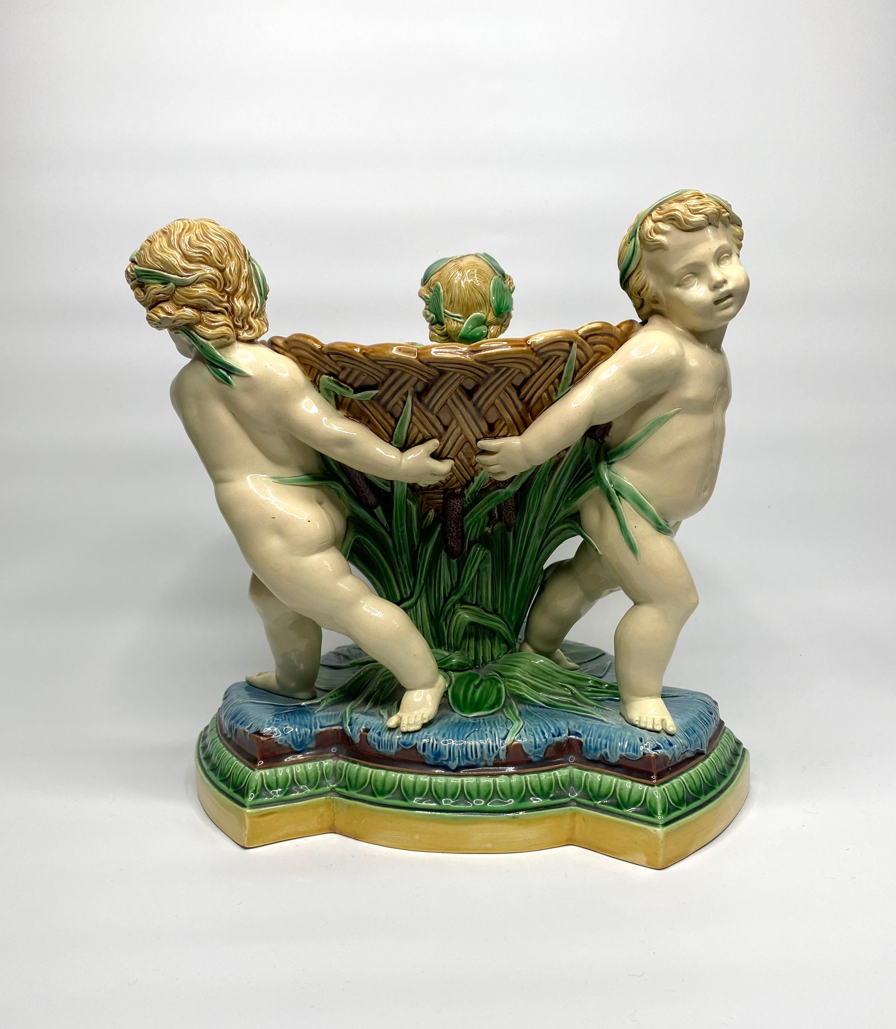 Victorian Minton Majolica Cherubs Bowl, Dated 1863