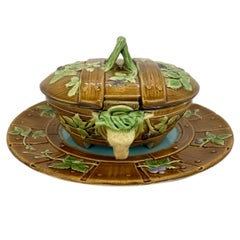 Minton Majolica Covered Butter Dish and Stand with Cow-Form Handles, Dated 1867