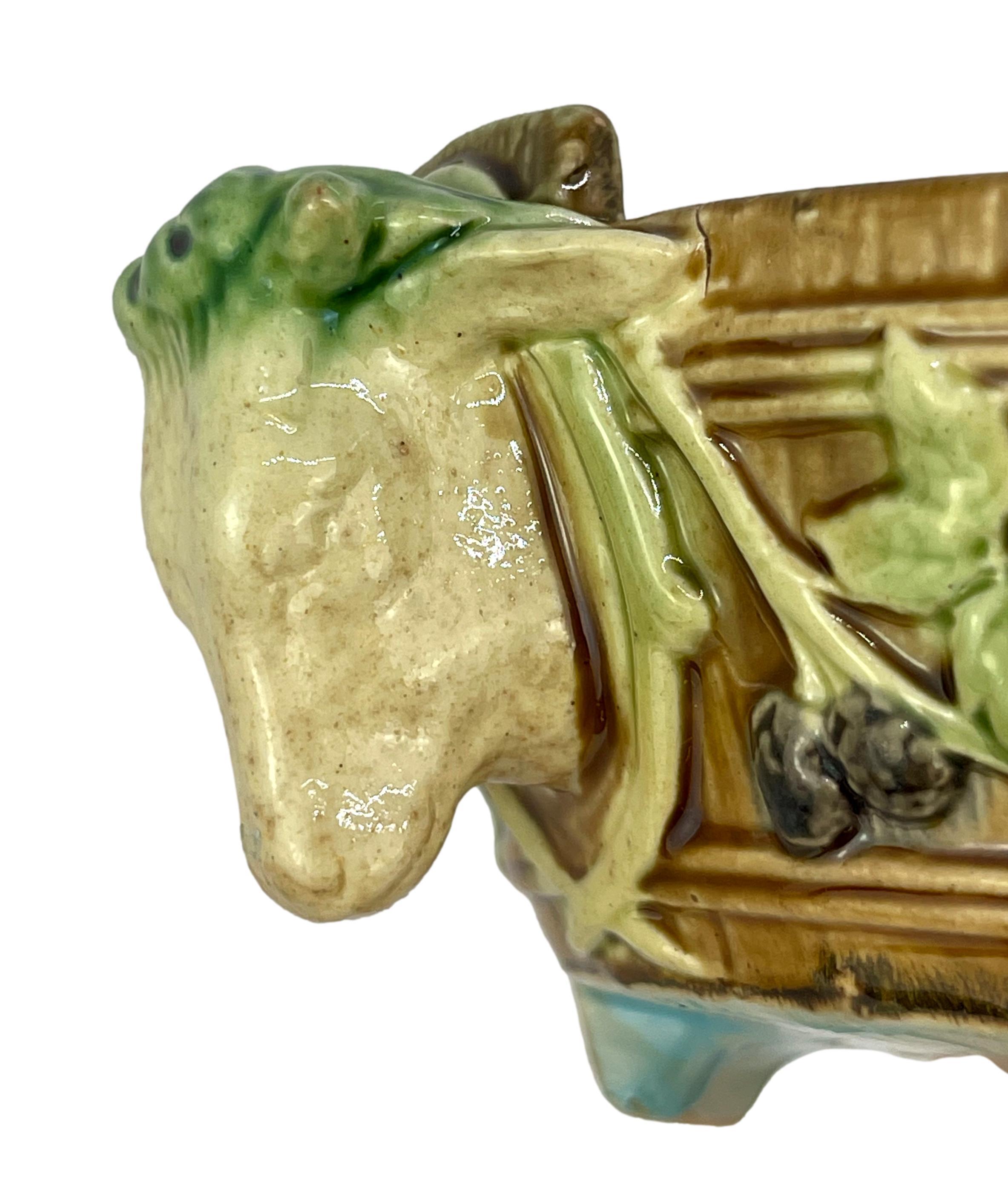 19th Century Minton Majolica Covered Butter Dish and Stand with Cow-Form Handles, Dated 1867