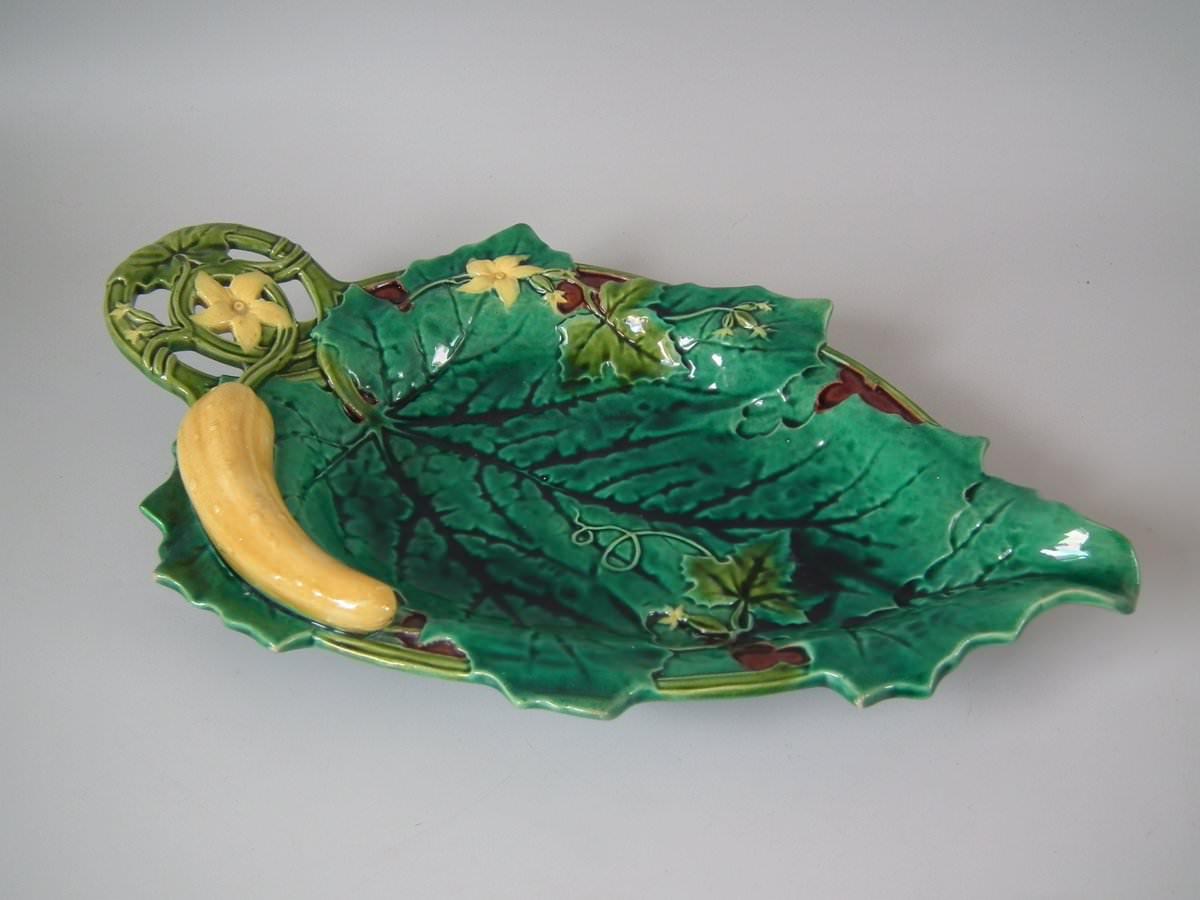 English Minton Majolica Cucumber and Leaf Tray For Sale