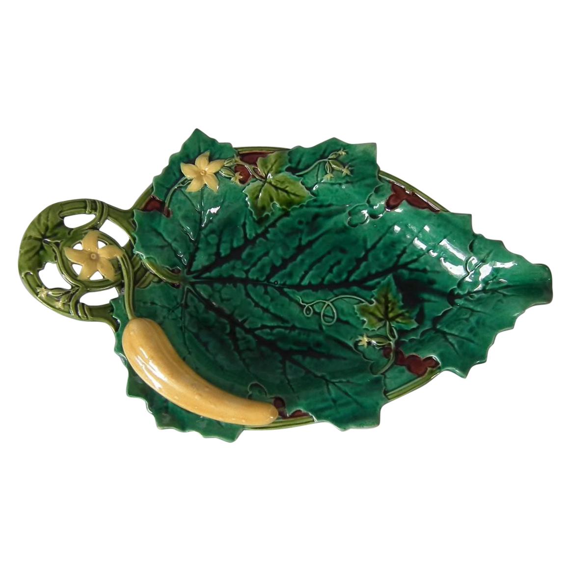 Minton Majolica Cucumber and Leaf Tray For Sale
