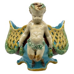 Minton Majolica Faun Reticulated Basket by A. Carrier-Belleuse, Dated 1871