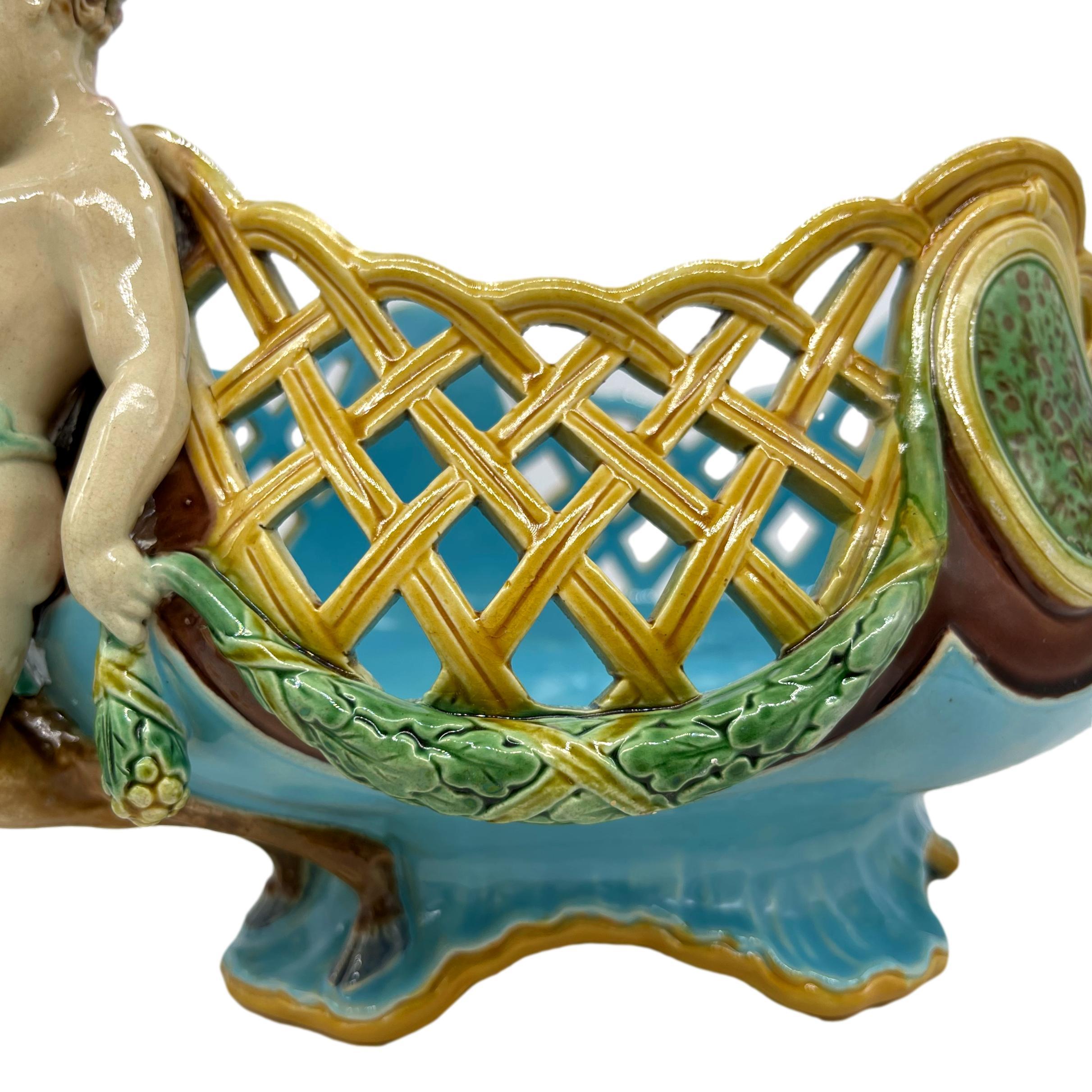 English Minton Majolica Faun Reticulated Basket by A. Carrier-Belleuse, Dated 1871