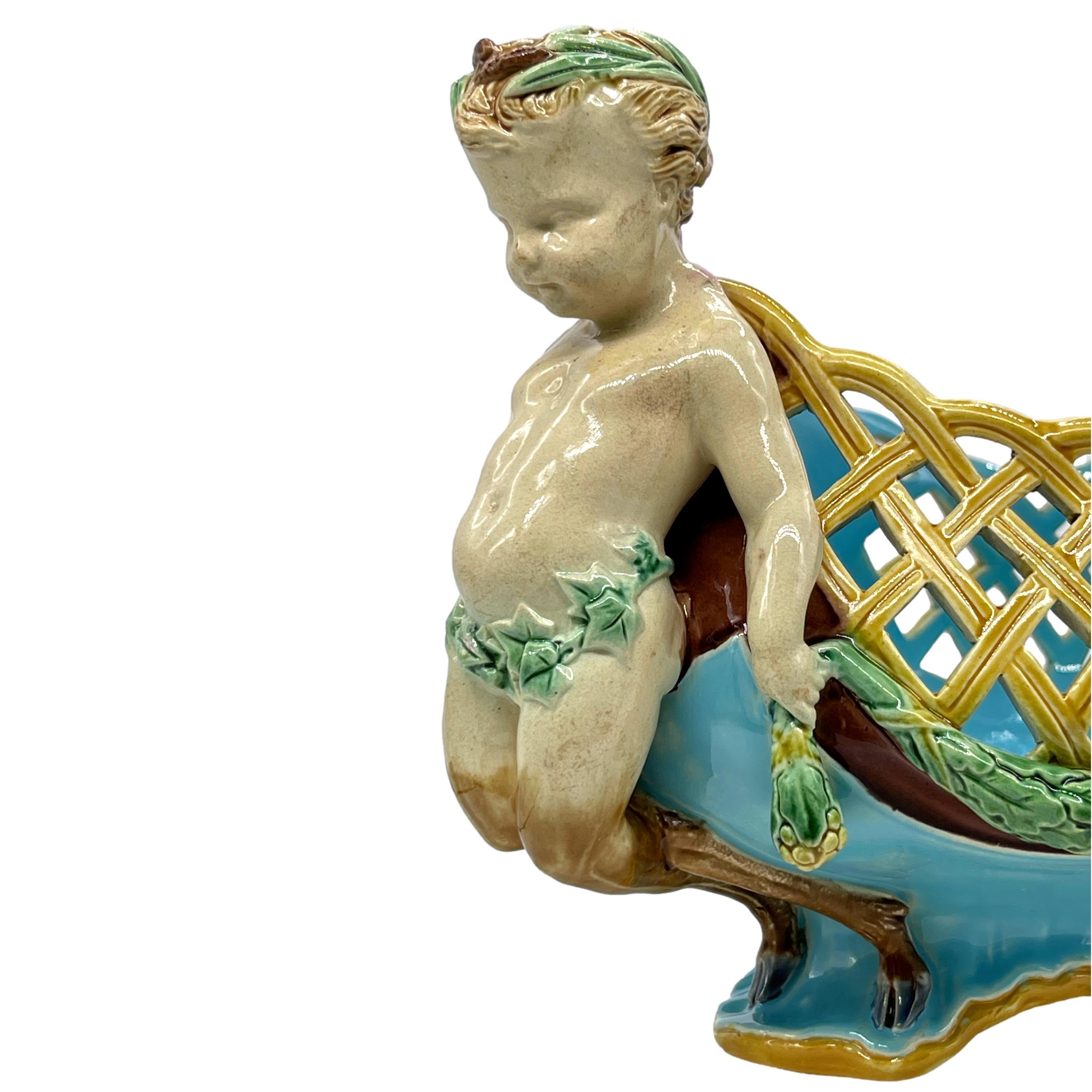 Minton Majolica Faun Reticulated Basket by A. Carrier-Belleuse, Dated 1871 In Good Condition In Banner Elk, NC