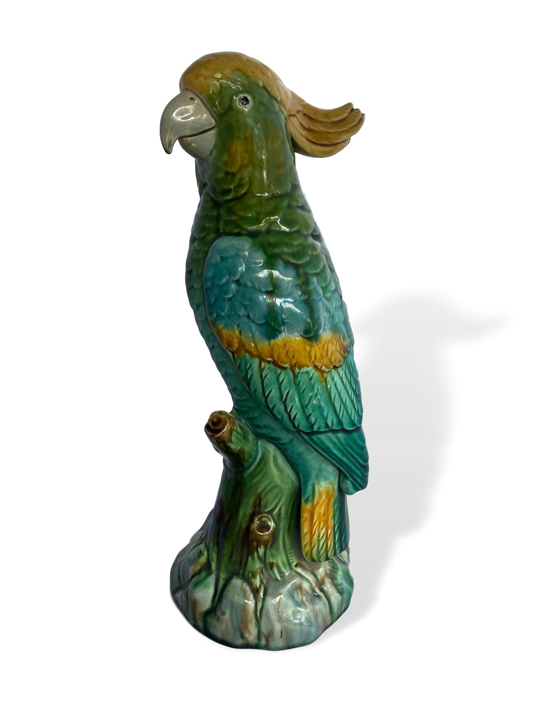 Minton Majolica figure of a parrot, English, circa 1890, perched on a naturalistic wood and rockwork base. Impressed and raised stamp 'MINTONS ENGLAND' in excellent antique condition with no damage, repair, or restoration.
For over 28 years we have